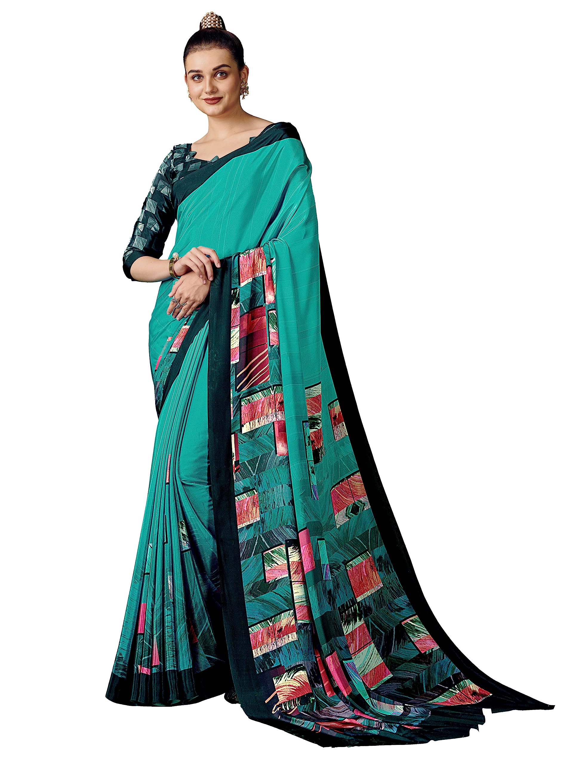 hypnotex Crepe Silk Digital Print Contrast Bordered Saree With Unstitched Blouse Piece. (Jobile-020)