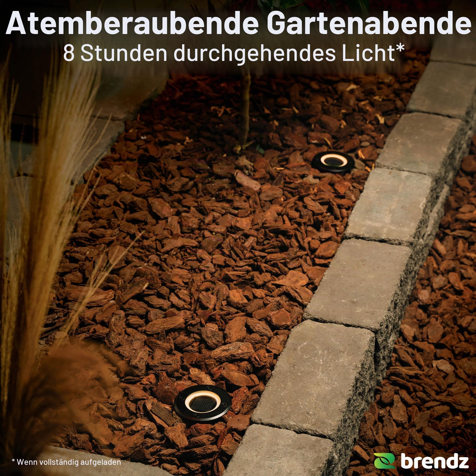 Brendz 4 Stück Solar Bodenleuchten Aussen, LED, 20 Lumen, IP67 Wasserdicht, 3000K Warmweißes Licht, Lithium-Polymer-Akku, Solar Gartenleuchten, Bodenstrahler Außen, Schwarz, Doha