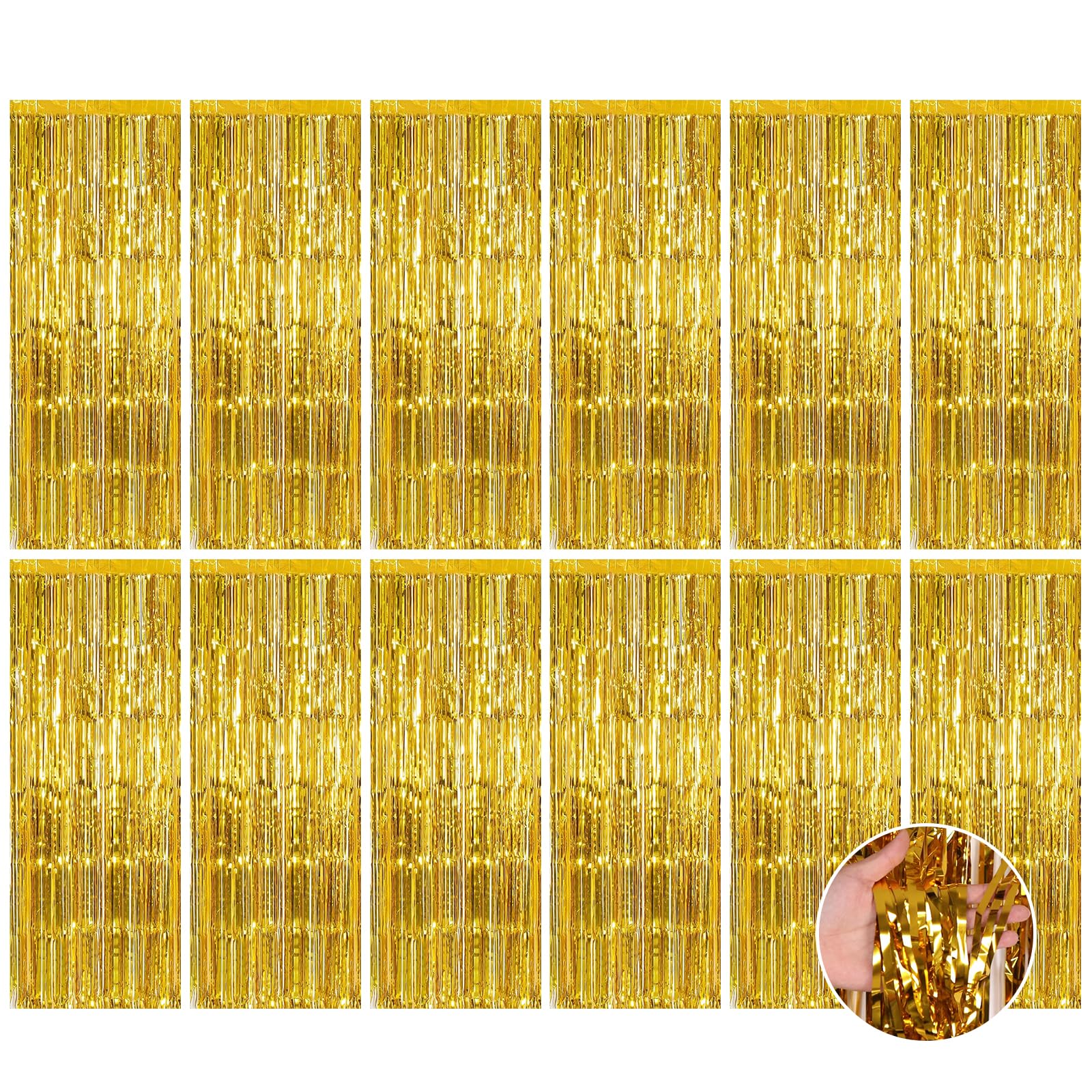 Paquete de 12 cortinas de flecos de aluminio metálico de 3.2 x 8 pies, color dorado, para fiestas, sesión de fotos, cumpleaños, aniversario, despedida de soltera, decoración de Halloween,