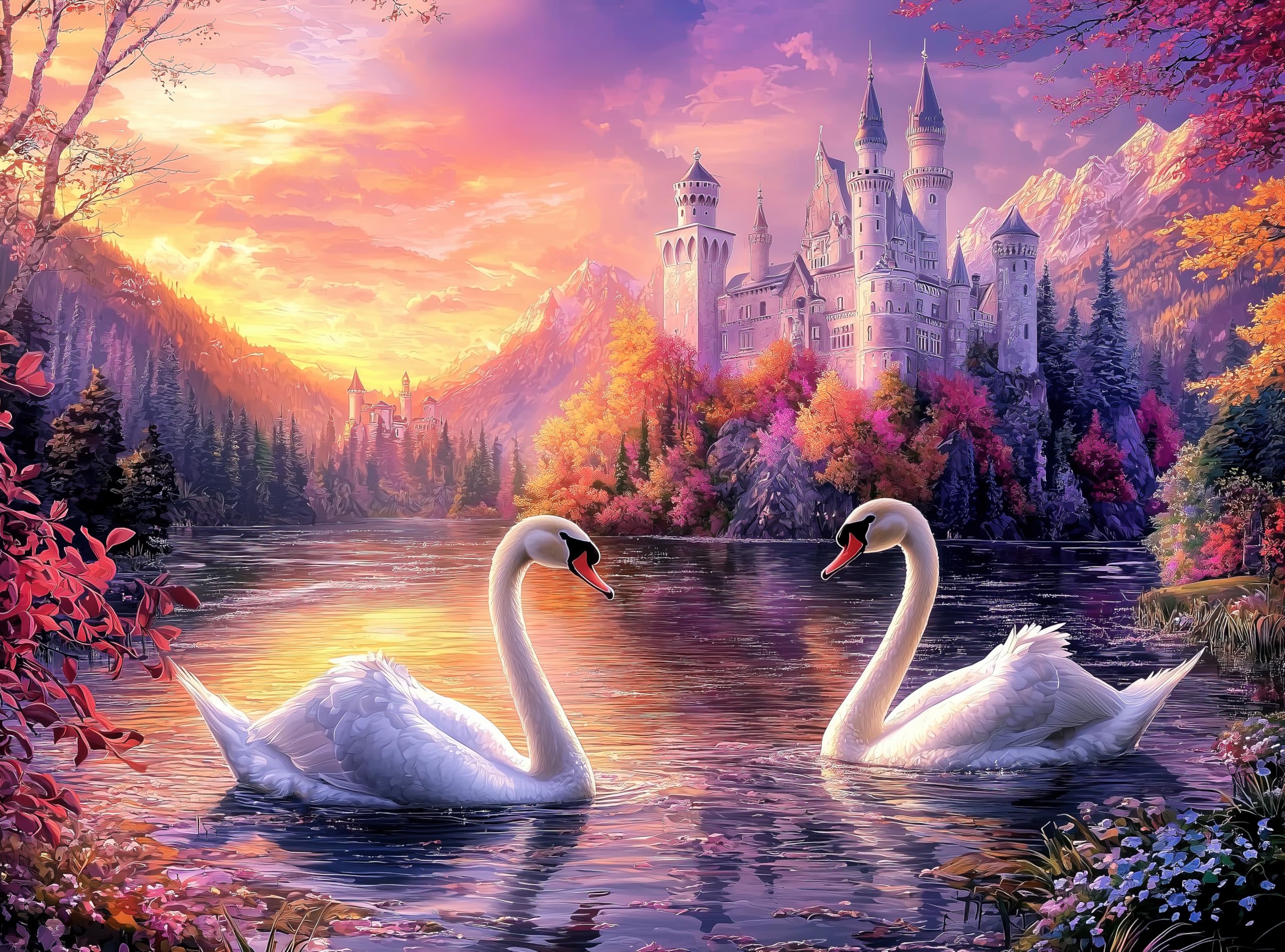 Adult Jigsaw Puzzle Swans Castle Lake 1000 Piece