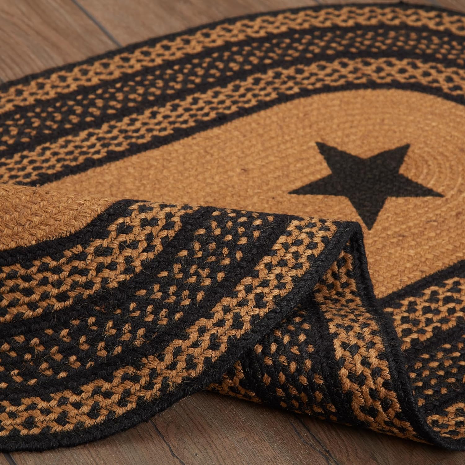 VHC Brands Farmhouse Primitive Jute Black Stenciled Stars Accent Rug Oval w/Floor Pad 27"x48"