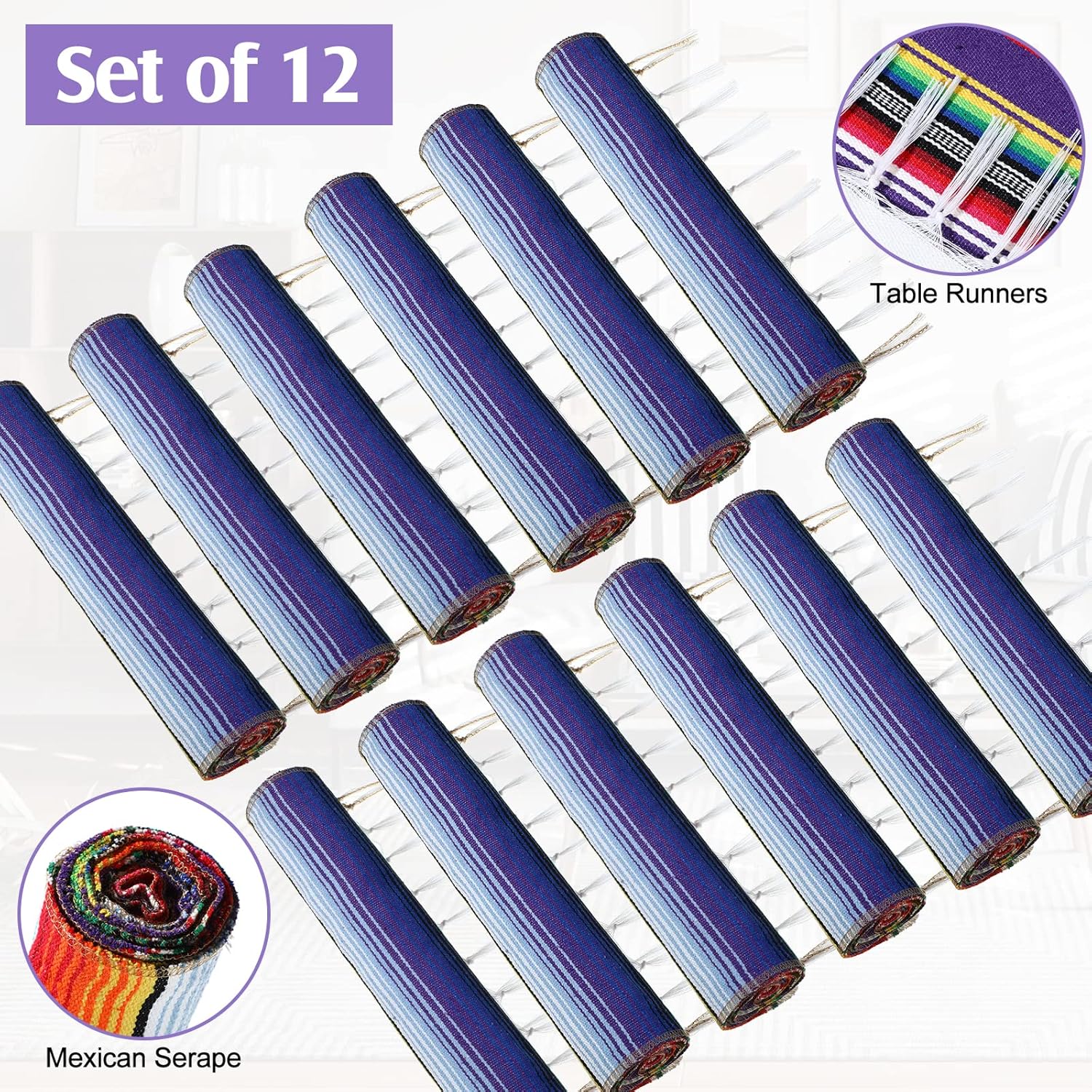 Tegeme 12 Pcs Mexican Table Runners 14 x 84 Inch Mexican Serape Table Runner Blanket Fringe Cotton Rainbow Fiesta Party Decoration for Cinco De Mayo Wedding Sarapes Mexicanos Boho (Classic Style)