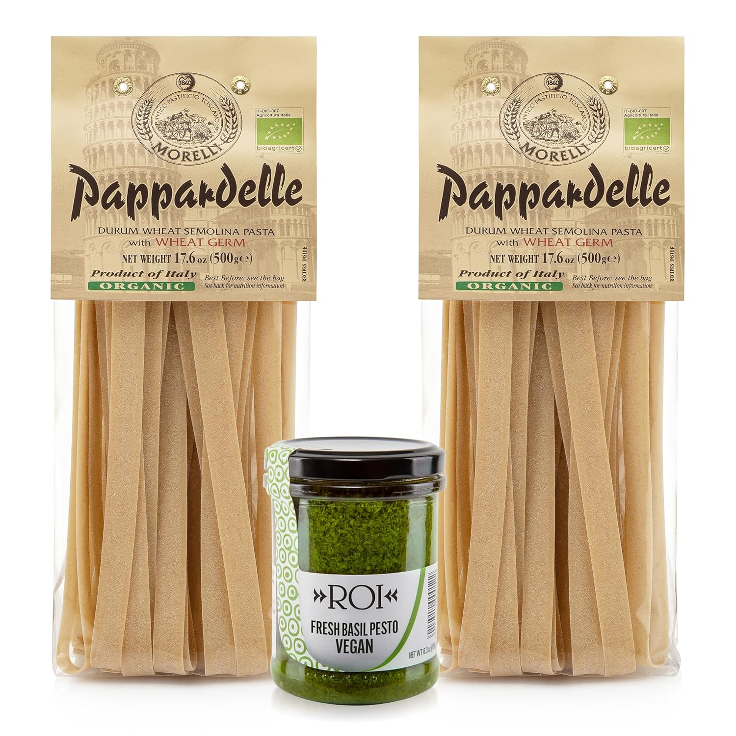 Morelli Italian Pesto and Pasta Set - Includes 2 Packs of Morelli Pappardelle Organic Pasta and Roi Vegan Fresh Basil Pesto Sauce from Italy