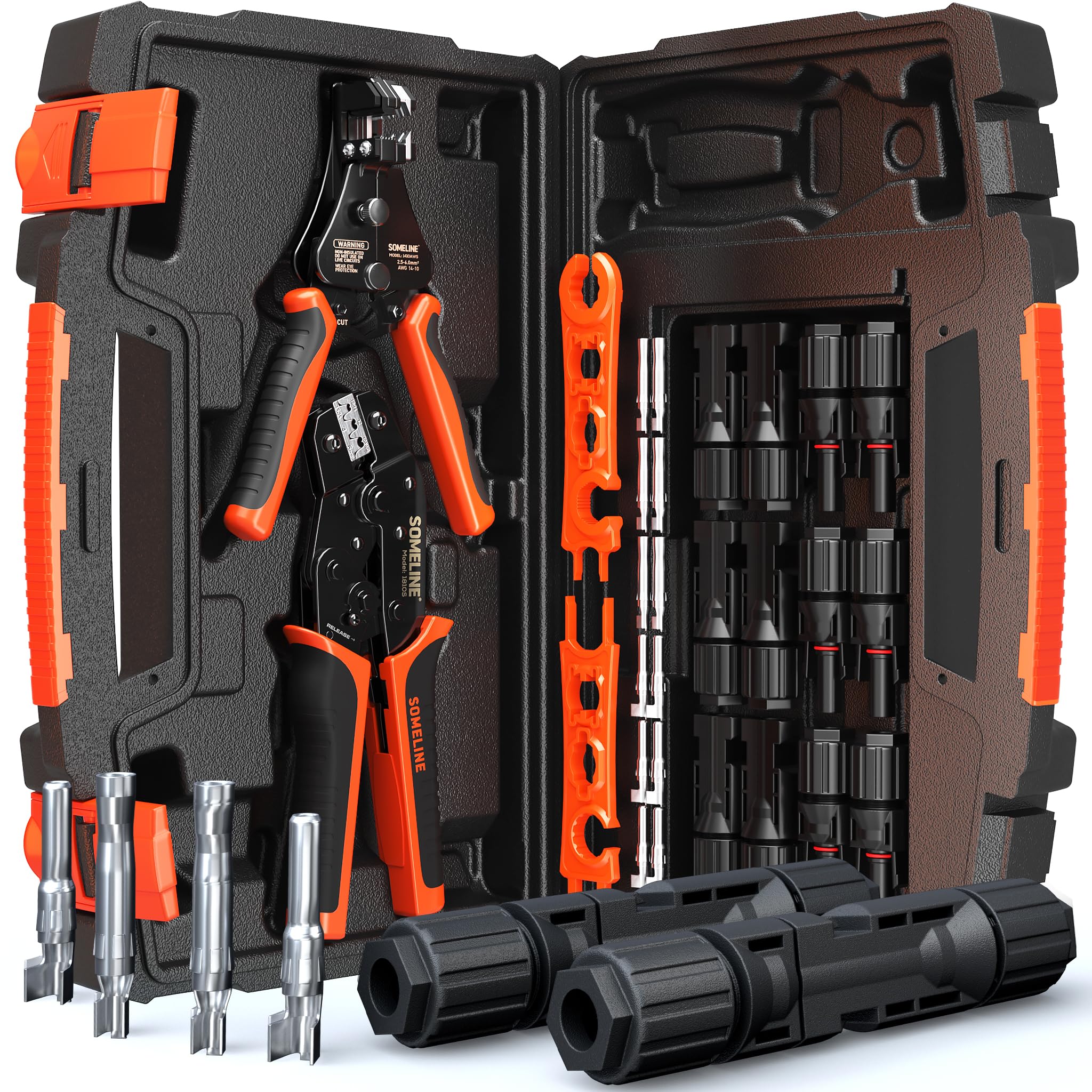 SOMELINE Solarstecker Crimpzange Set für 2.5/4/6mm² Solarkabel, 6 Paar Male Female Solarpanel Kabelstecker + 1 Paar Solarstecker Schlüssel + Solar Crimpzange + Abisolierzange + Werkzeugkasten