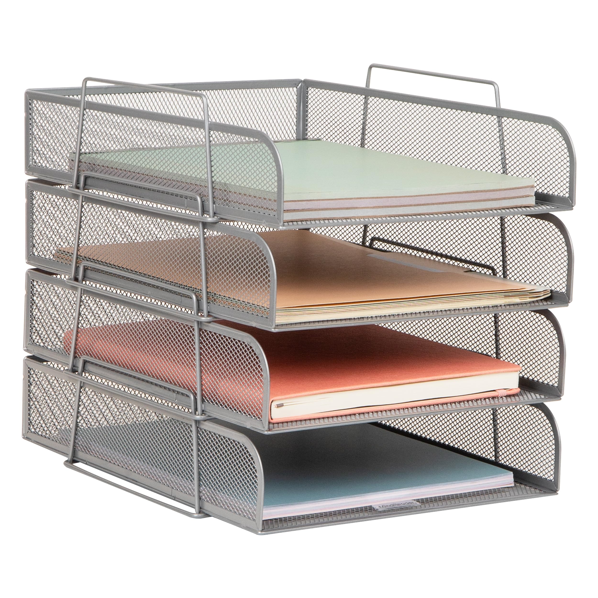 Mind Reader Stackable Paper Tray, Desktop Organizer, File Storage, Office, Metal Mesh, 10.5" L x 13.5" W x 11.25" H, 4 Pcs., Silver