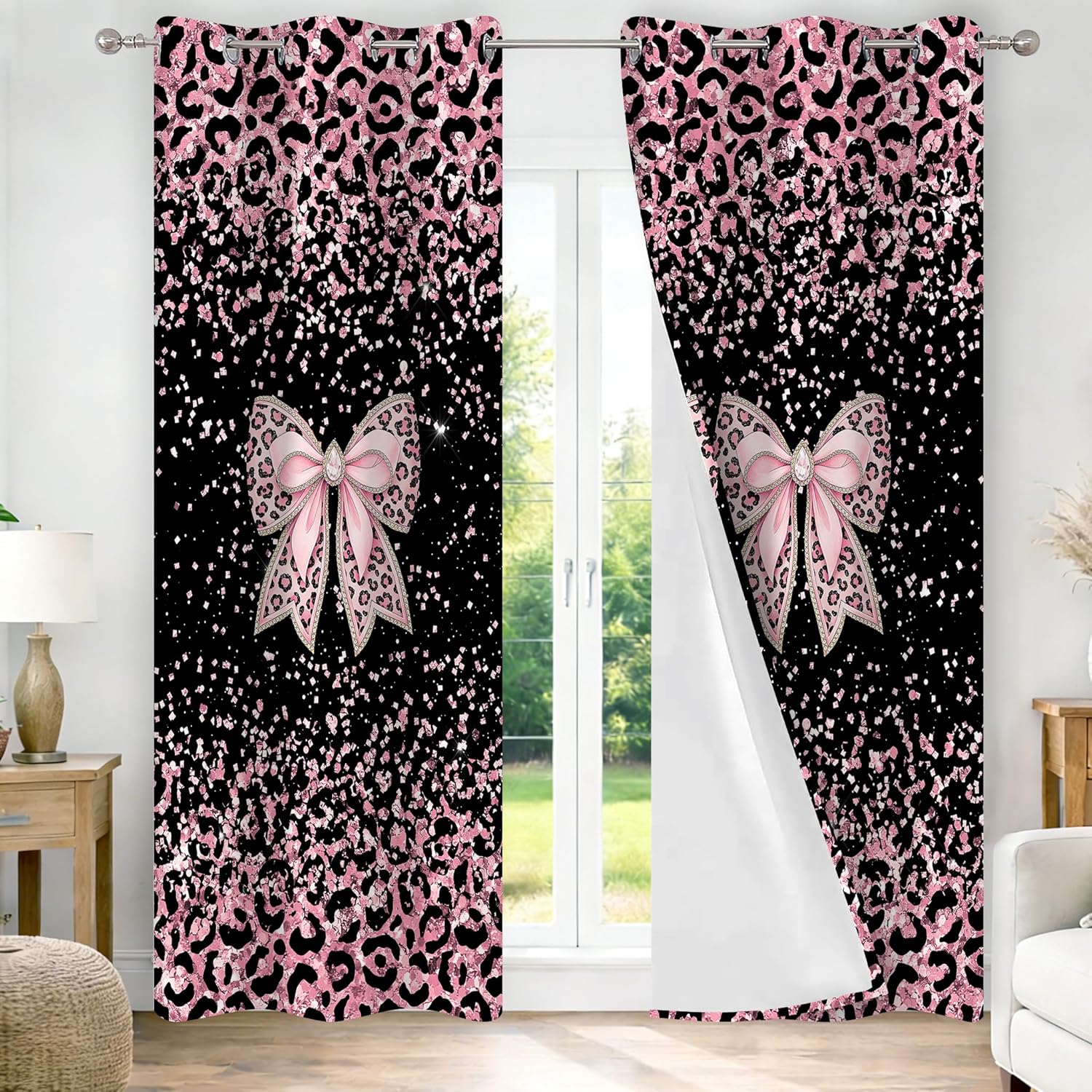 Pink Bow Curtains for Girls Room, Cute Girly Window Curtains with Leopard Print Blackout Drapes for Bedroom Living Room Grommet 42 x 84 Inch 2 Panels