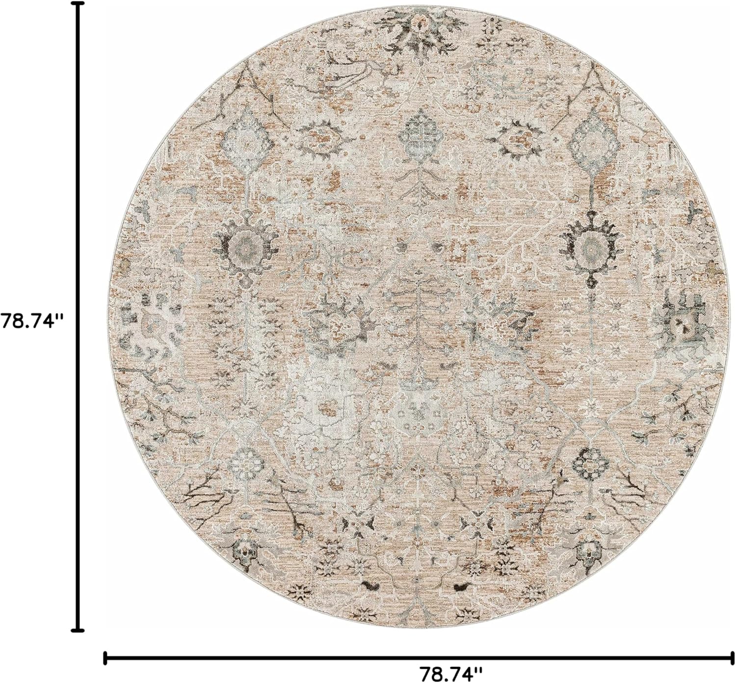 Hauteloom Octavia Boho Vintage Traditional Oushak Area Rug with Tassles - Farmhouse Oriental Floral Damask Carpet for Living Room, Bedroom, Dining Room - Taupe, Beige, Olive; Blue 6'7" Round