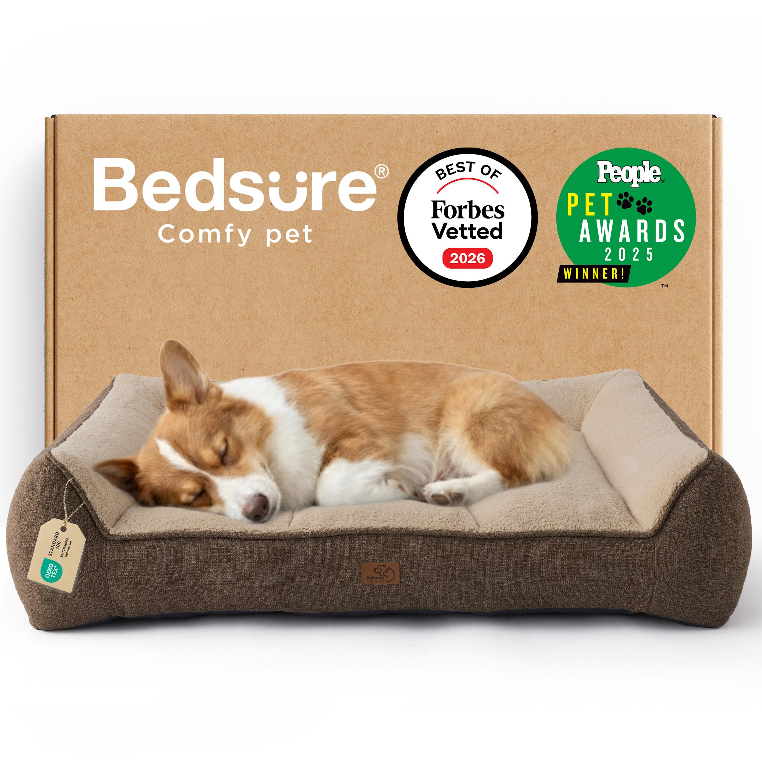Bedsure Orthopedic Dog Beds Large - 89x63cm Extra Thick Supportive Large Dogs Sofa with Waterproof Washable Cover, Pet Bed Sofa with Soft Plush Sherpa and Nonskid Bottom, Brown — image 1