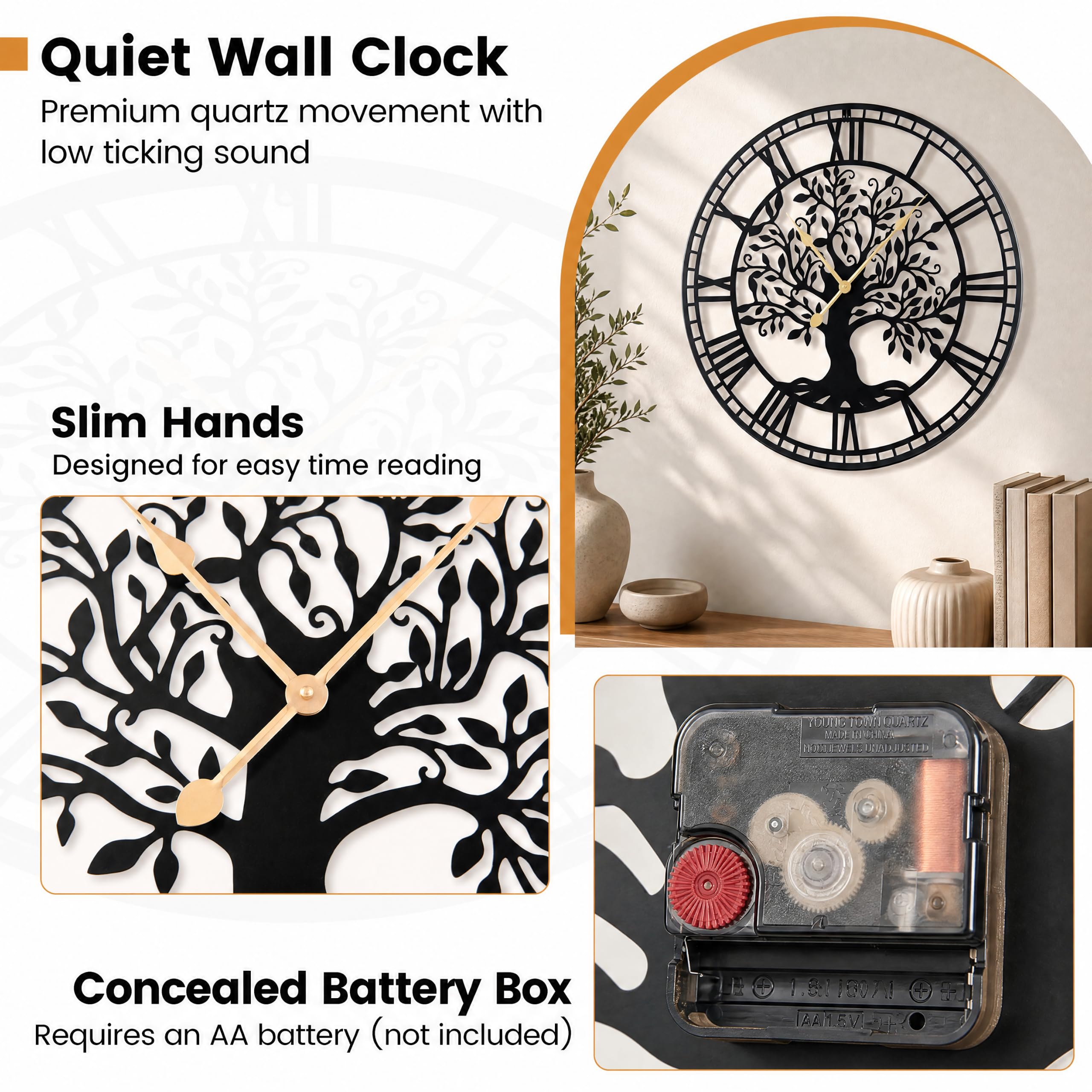 LIFEZEAL Große Wanduhr, leise, 68 cm, Wanduhr im modernen Design, Baum des Lebens, aus Metall, Pendel ohne Ticken, batteriebetrieben, Wanddekoration für Wohnzimmer, Schlafzimmer, Büro (Stil 1)