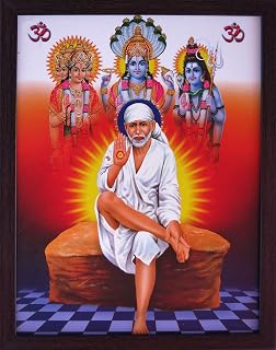 SANVIKA 12" x 9" Sai Baba Poster Frame Wall Decor, Sai Baba Photo Art Frame For Living Room Decor, Hindu Decor For Home Office, Pooja Room (Sai Baba Sitting on Throne with Colorful Garland) (COL-1)