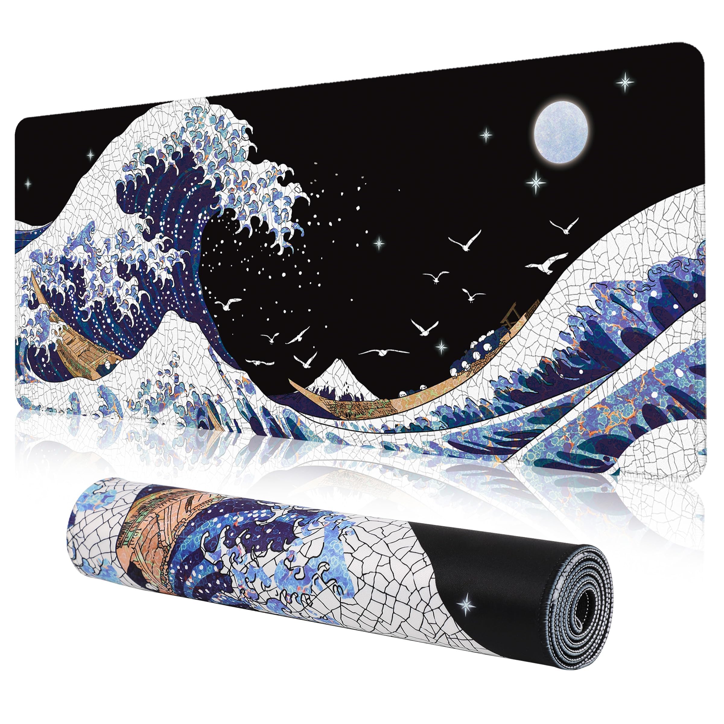 MEWOOCUE® Gaming Mouse Pad for Desk,Large Wave Mousepad Laptop,Black White Japanese Anime Mouse Mat,Long XXL Waterproof Keyboard Pads,Big Non-Slip
