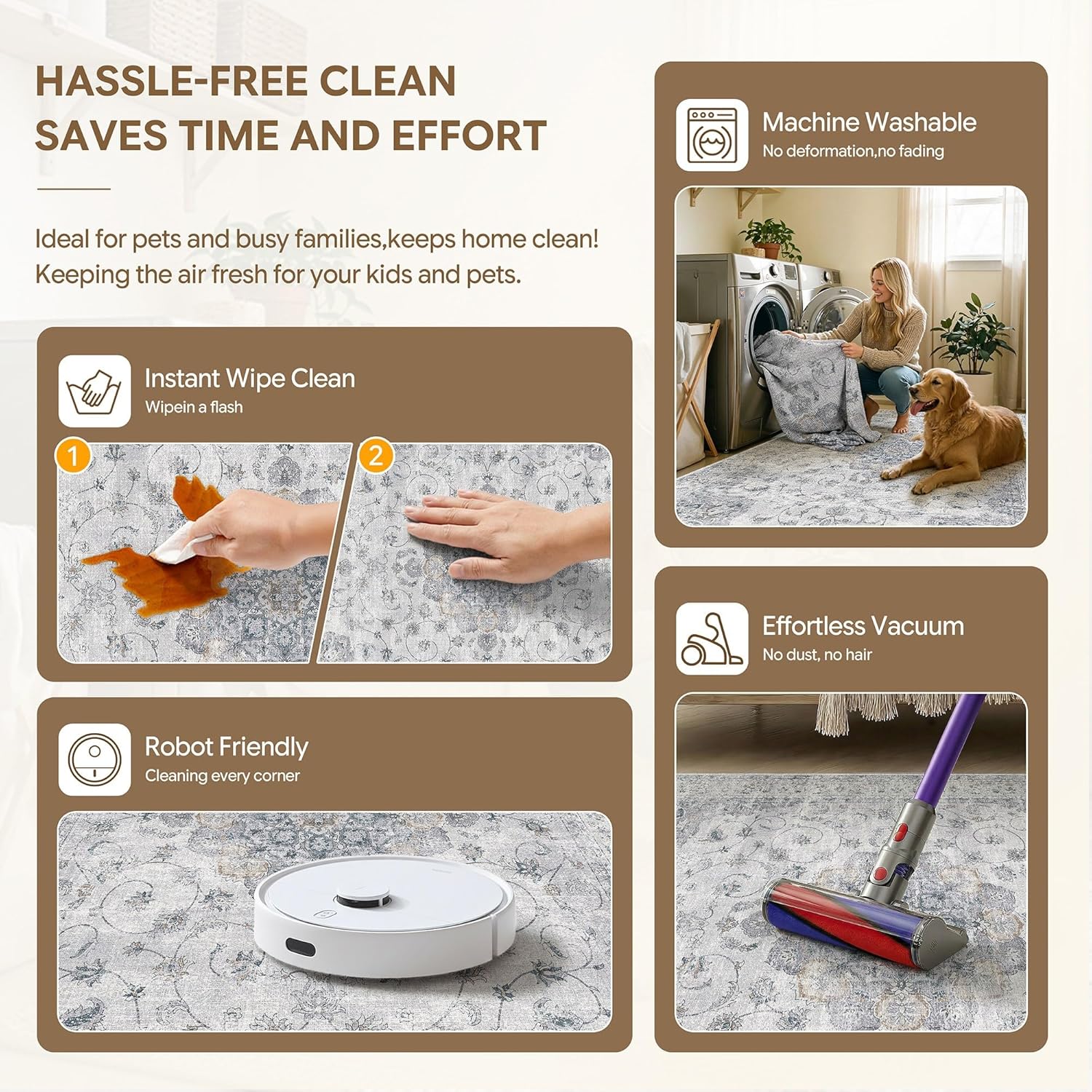 HUGEAR Machine Washable Area Rugs 6x9 Vintage Blue Living Room Bedroom Rug Neutral Style Non Slip Stain Resistant Low Pile Throw Carpet for Home Retro Aesthetic Modern Decor - Image 5