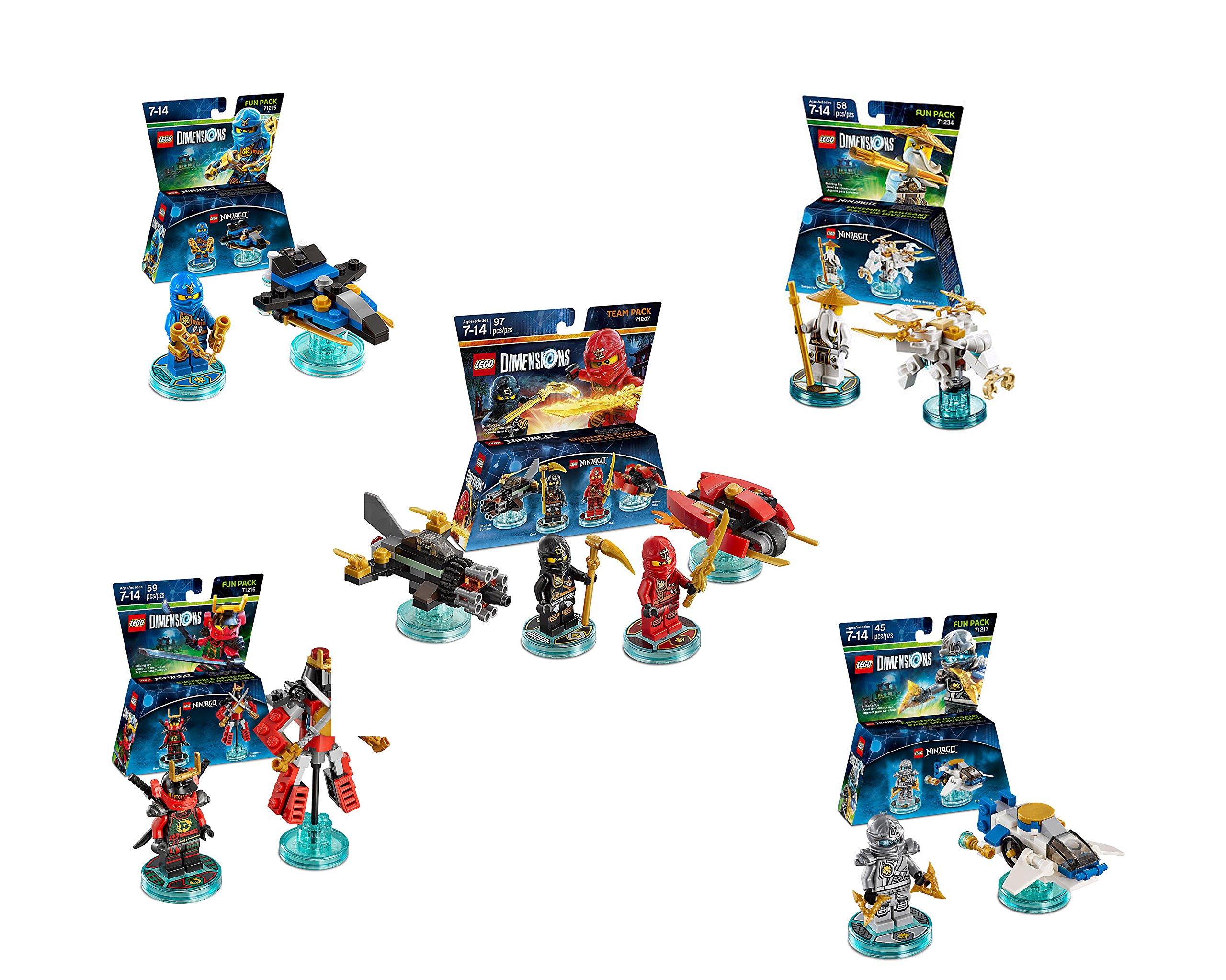 LEGO Dimensions Ninjago Fun Pack 5 Piece Variety Bundle; Ninjago Team Pack, Zane Fun Pack, Sensei Wu Fun Pack, Jay Fun Pack, Nya Fun Pack
