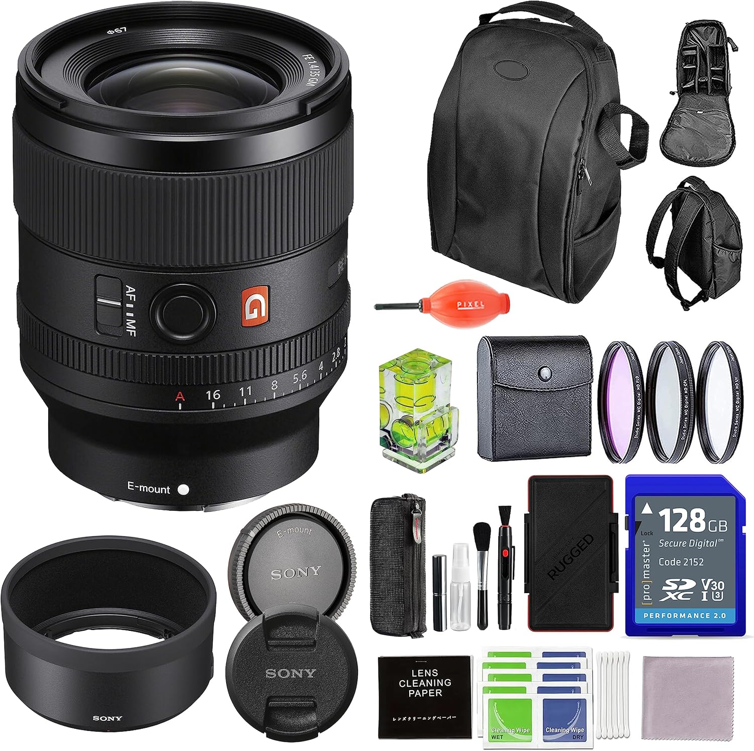 Sony FE 35mm F1.4 GM (SEL35F14GM) Lens Bundle with 3PC Filter Kit, 128GB SDXC Card, Backpack, More | Sony 35mm Lens