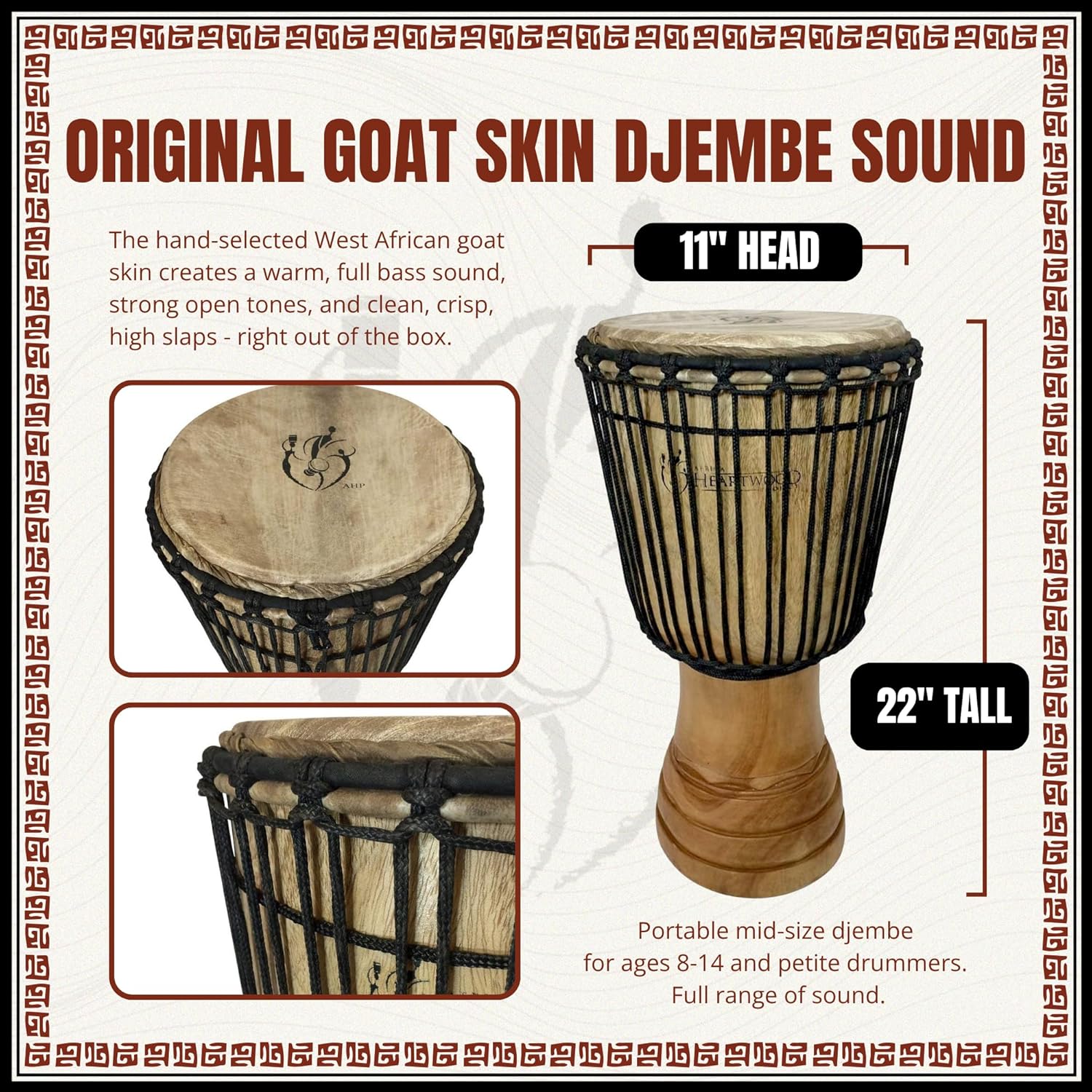 Africa Heartwood Project Hand-Carved Djembe Drum from Africa - 11"x22" Classic Ghana Djembe (Rings Carving) - Solid Wood Shell & Natural Goat Skin - Ready to Play Out of the Box Musical Instrument