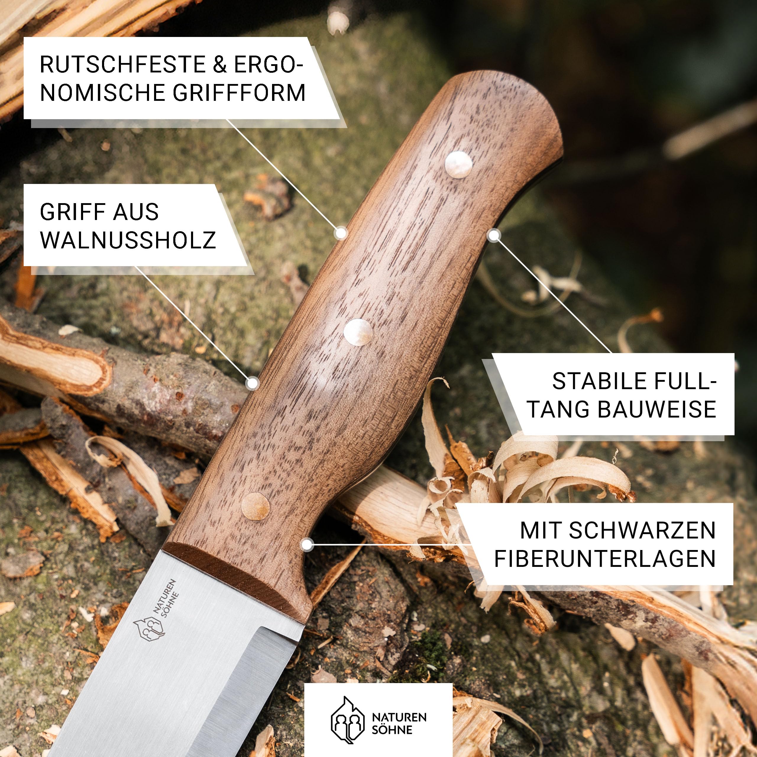 NATURENSÖHNE® MK. III - Jagdmesser mit 11,2 cm Scandi Klinge feststehend - Fulltang Bushcraft-Messer mit Walnuss Holzgriff - Outdoormesser mit Leder-Scheide - Fahrtenmesser klassisch für Pfadfinder