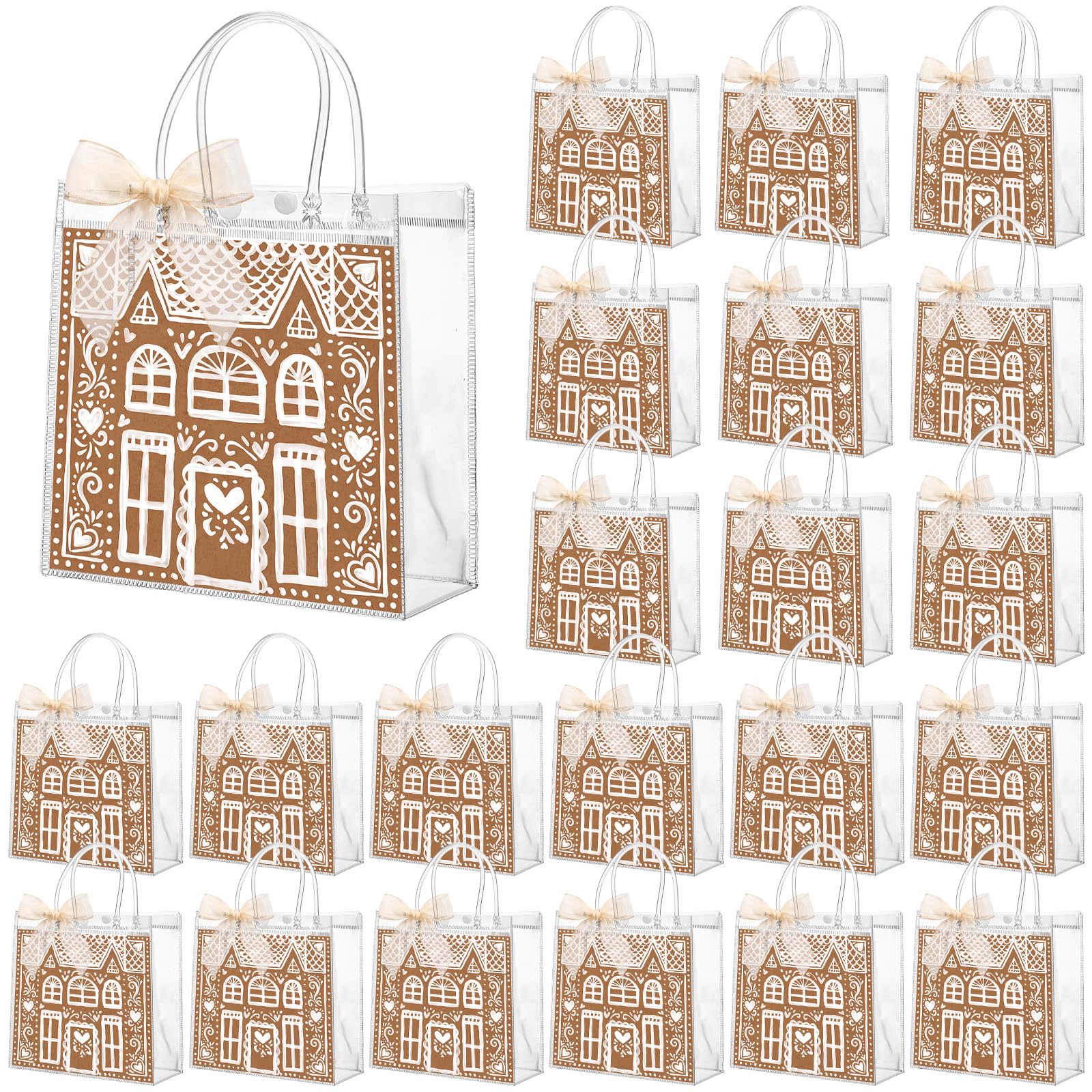 Motipuns 24 sacchetti regalo natalizi in PVC trasparente con manici e nastro in organza dorato, per bomboniere, design a casa di pan di zenzero, riutilizzabili, in plastica trasparente, sacchetti per