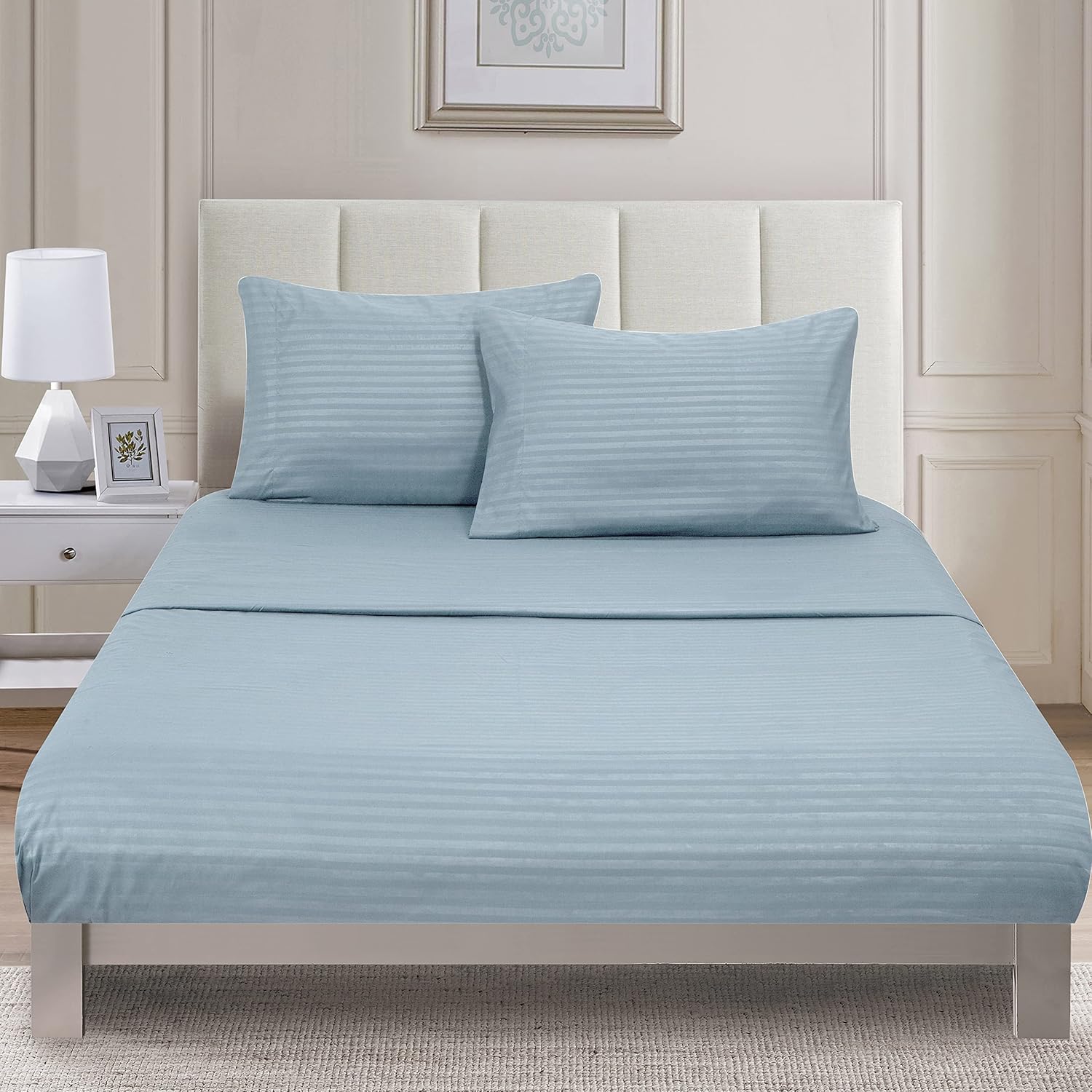 Home Beyond & HB design 4Piece Embossed Bed Sheets Set (Queen Size, Blue) Luxury Stripe