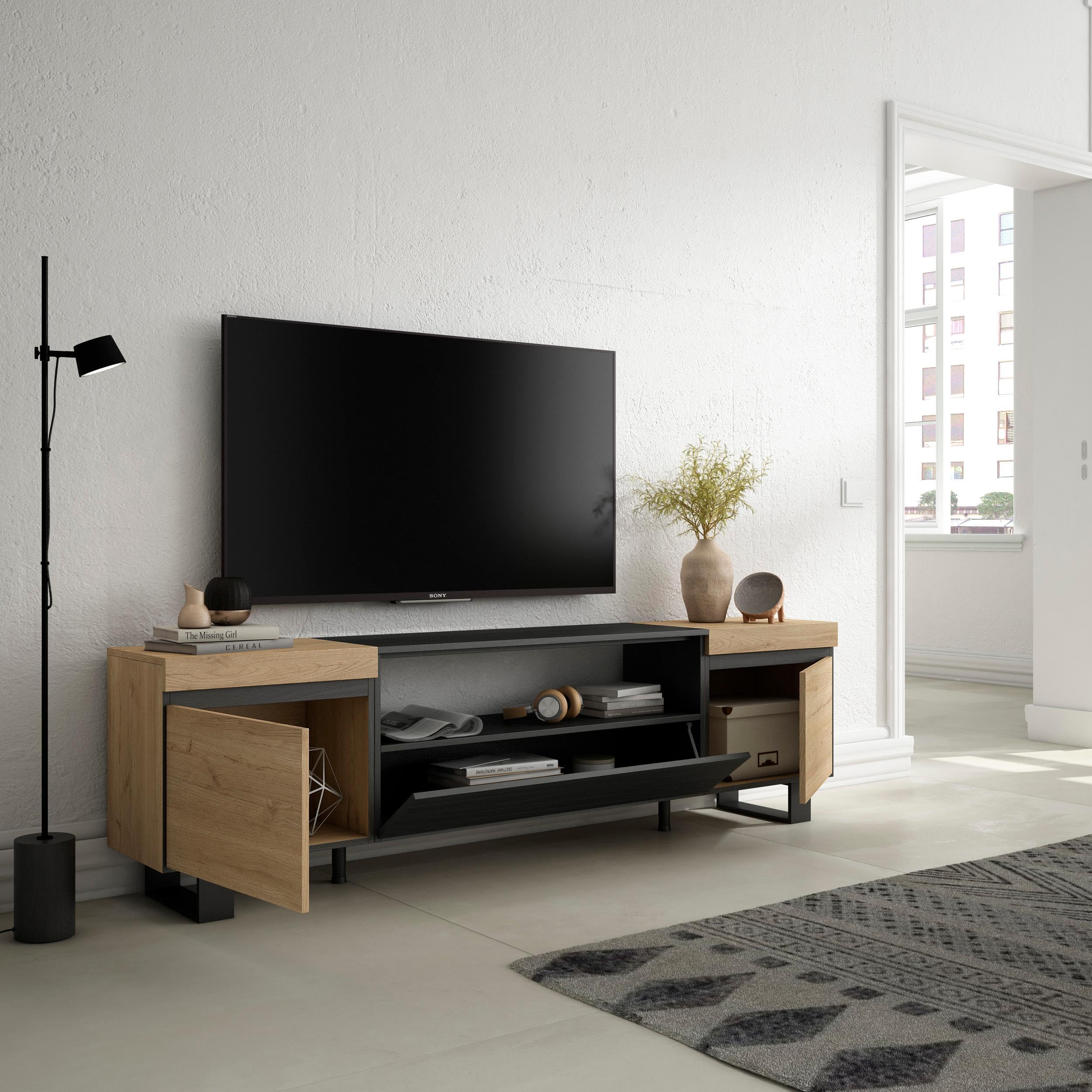 Skraut Home | Mueble TV | Televisión | Muebles de salón, almacenaje | 200x57x35cm | para TV hasta 80" | Diseño Industrial | Estilo Moderno | Roble y Negro