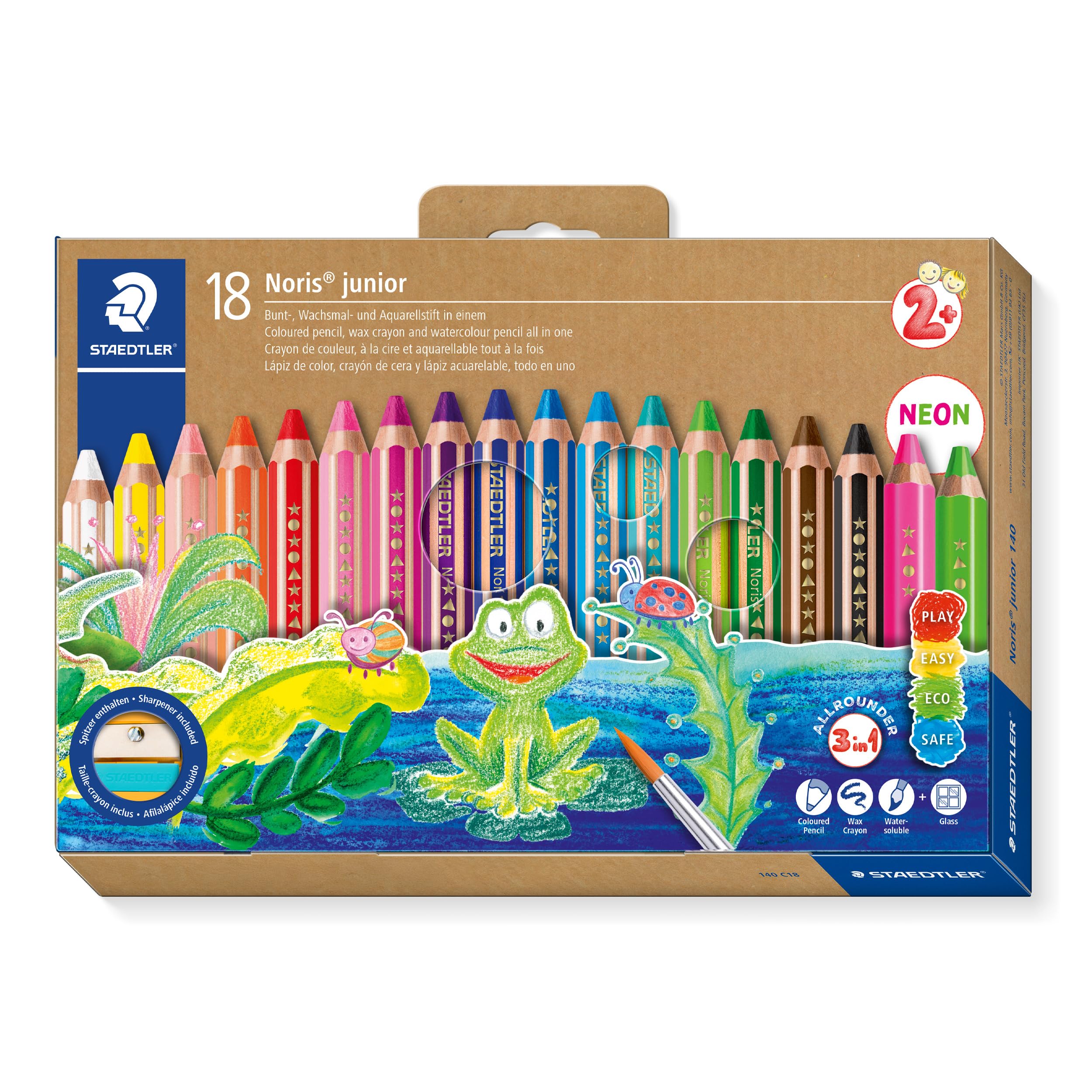 STAEDTLER 3in1 Buntstift Noris junior Bunt-,Wachsmal- und Aquarellstift, extra bruchsicher, ideal für Kinder, für viele Oberflächen, Kartonetui mit 18 Farben inkl. Spitzer, 140 C18