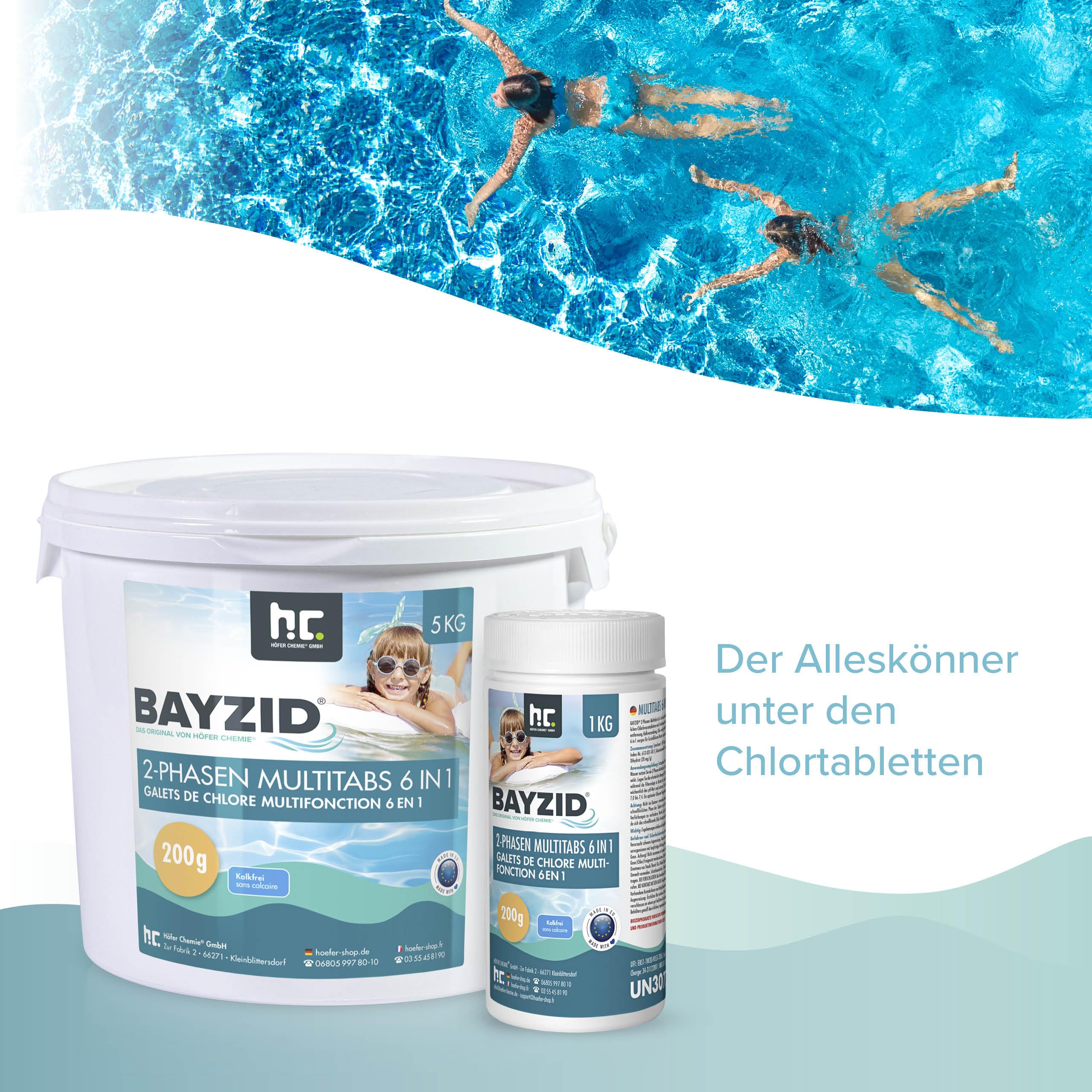 Höfer Chemie Chlor Multitabs 6 in 1-200g Chlortabletten im 5kg Eimer - 2 Phasen Wirkung zur Schockchlorung. Langzeitpflege, Desinfektion, Algenverhütung, Trübungsentfernung, Kalkvermeidung, pH-Wert