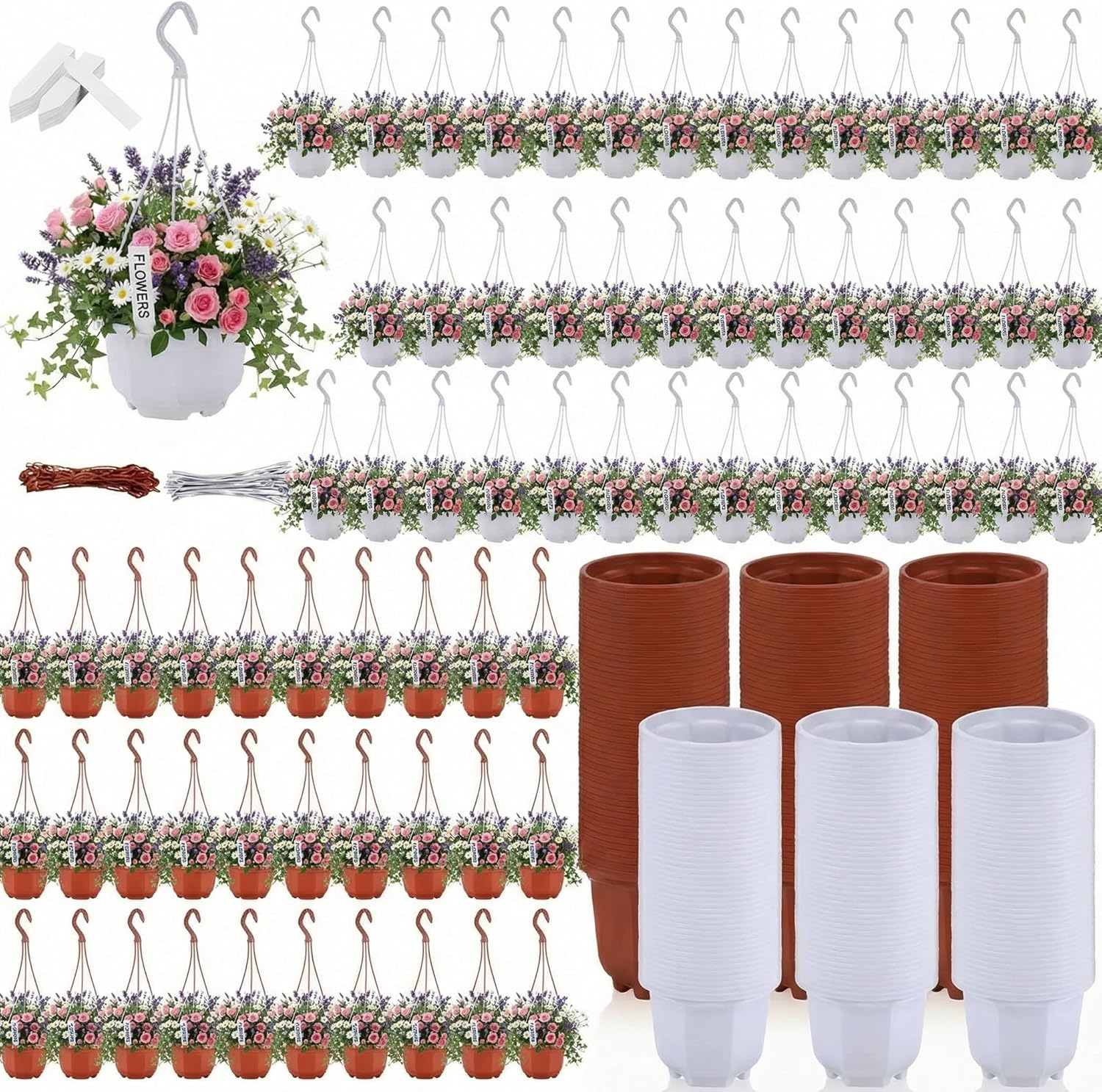 200 Pack 5.1 Inch Plastic Hanging Pots Bulk Nursery Hanging Planters with Hooks and Drainage Small Grower Pots for Indoor Outdoor Plants, Garden, Greenhouse,Includes 200 Labels(Brown and White)