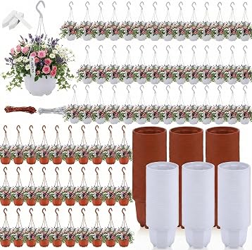 200 Pack 5.1 Inch Plastic Hanging Pots Bulk Nursery Hanging Planters with Hooks and Drainage Small Grower Pots for Indoor Outdoor Plants, Garden, Greenhouse,Includes 200 LabelsBrown and White