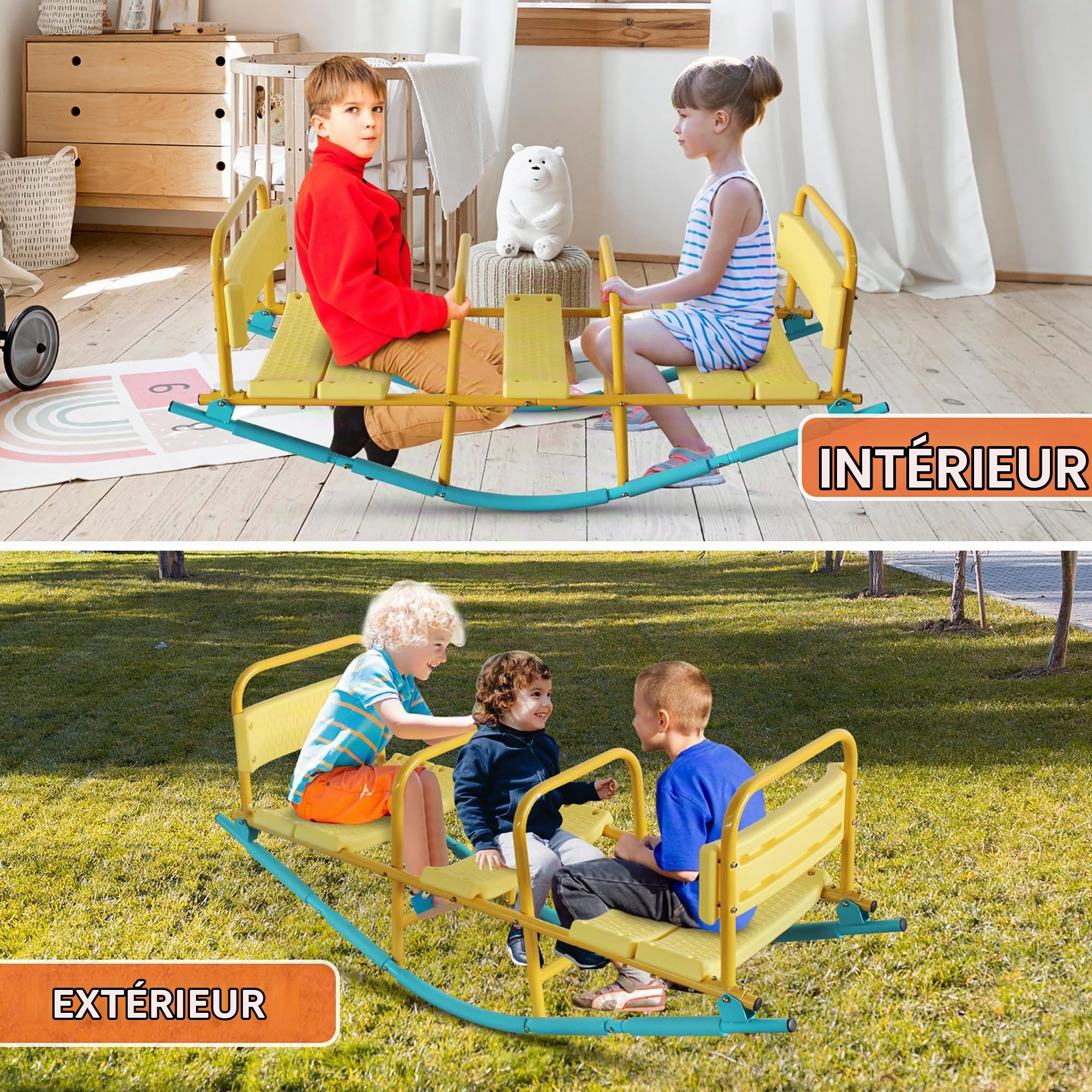 Balançoire à Bascule 3 Places, Dossiers et Poignées, Trébuchet en Métal pour Jardin, Salon, École – Assise Confortable, Anti-Rouille–Balancoire Exterieur avec 3 Sièges pour Enfant 3-8 Ans