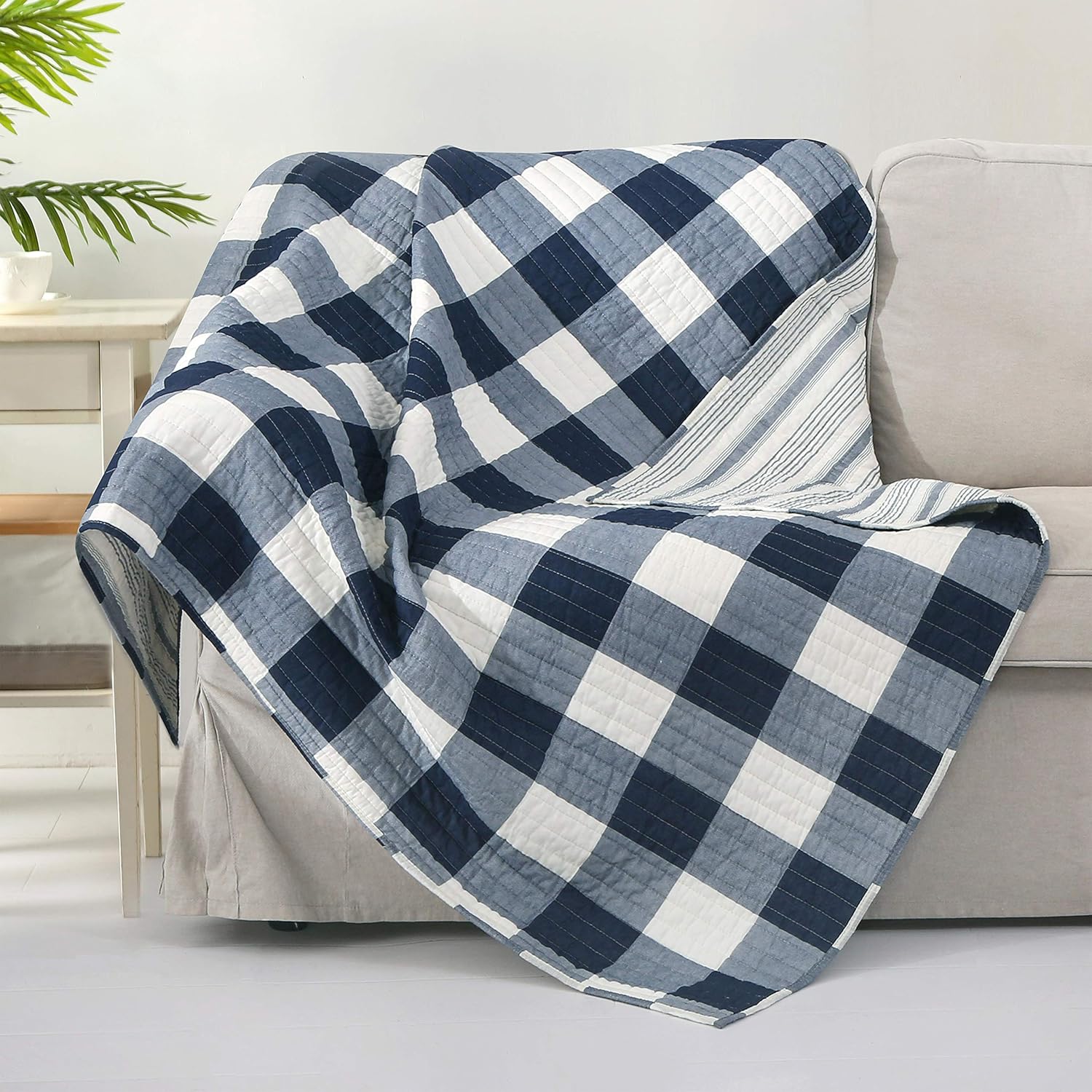 Levtex Home - Camden - Quilted Throw - (50 x 60 in.) - Buffalo Check in Navy and Cream - Reversible Pattern - Cotton