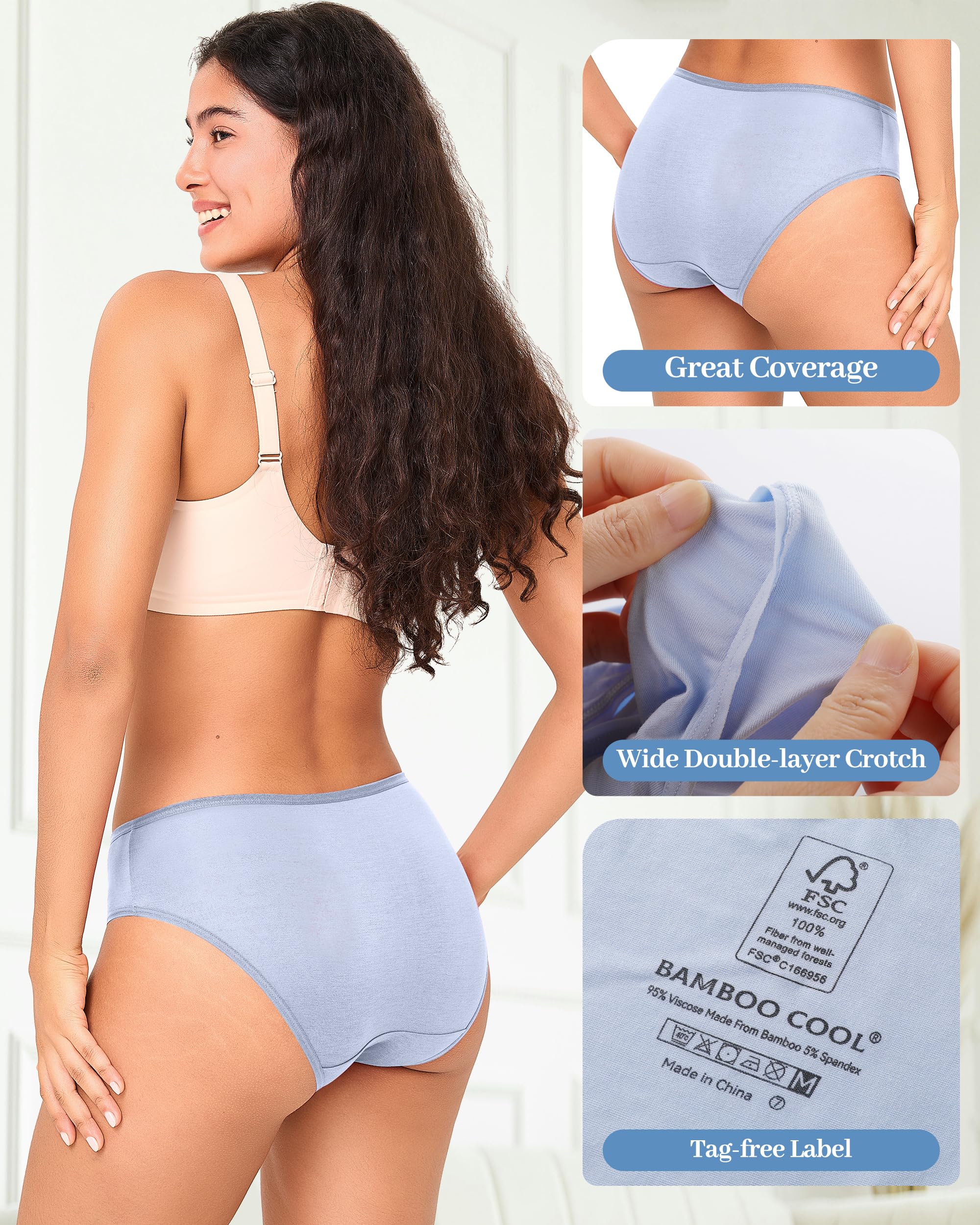 BAMBOO COOL Ropa interior para mujer, transpirable, absorbe la humedad, bragas hipster para mujer, paquete de 5