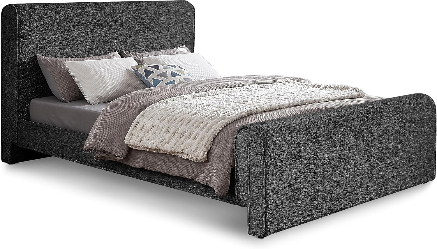 Meridian Furniture StylusBlack-F Stylus Collection Modern | Contemporary Boucle Fabric Full Bed with Rich Black Boucle Fabric, Curved Headboard and Footboard, 59.5" W x 92" D x 45" H, Black, Full