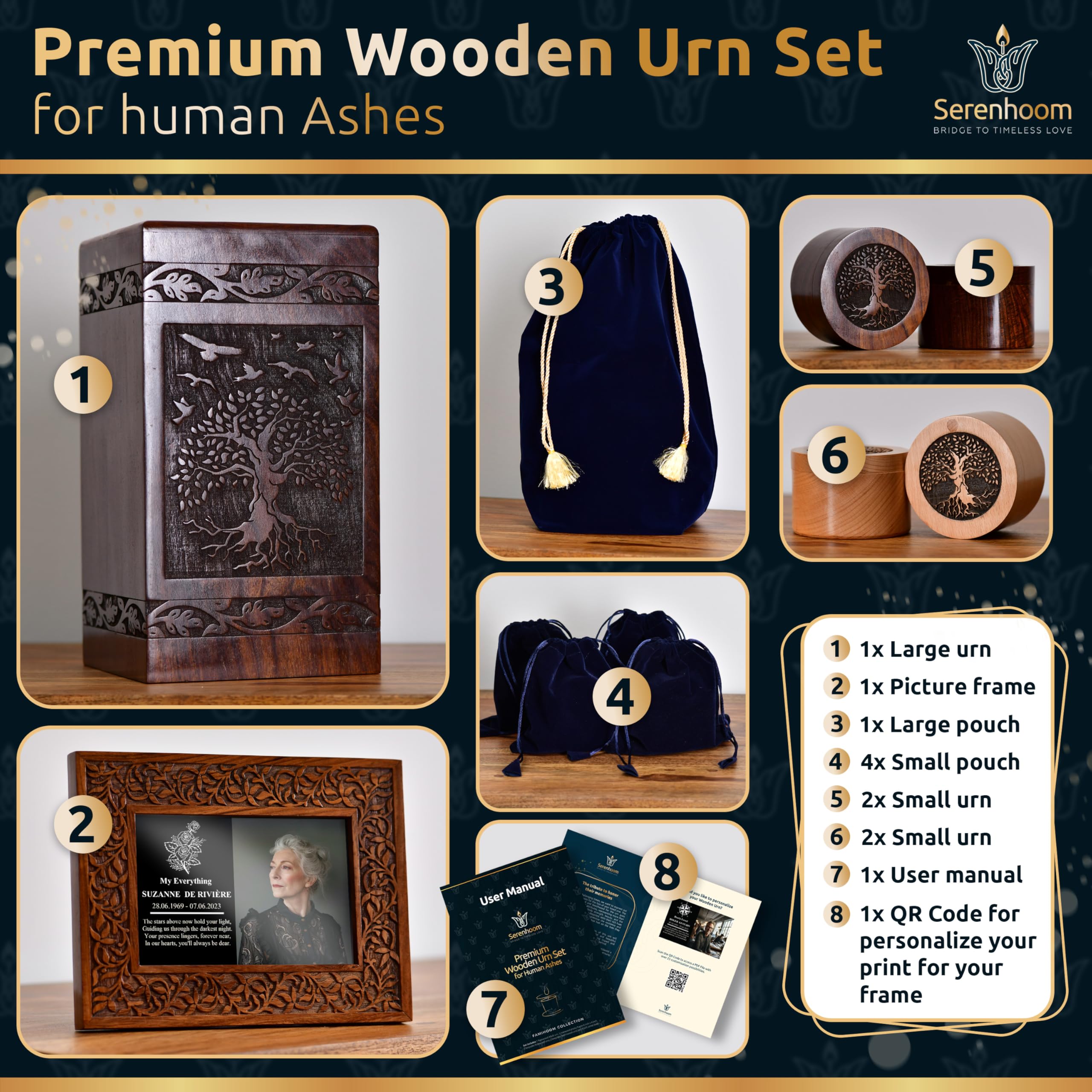 SERENHOOM Handcrafted Wooden Urn Set – Large urn for ashes adult male (Up to 250 lbs) + 4 small urns for human ashes | Personalized Wooden urns for human ashes adult, Elegant Memorial for Adults.