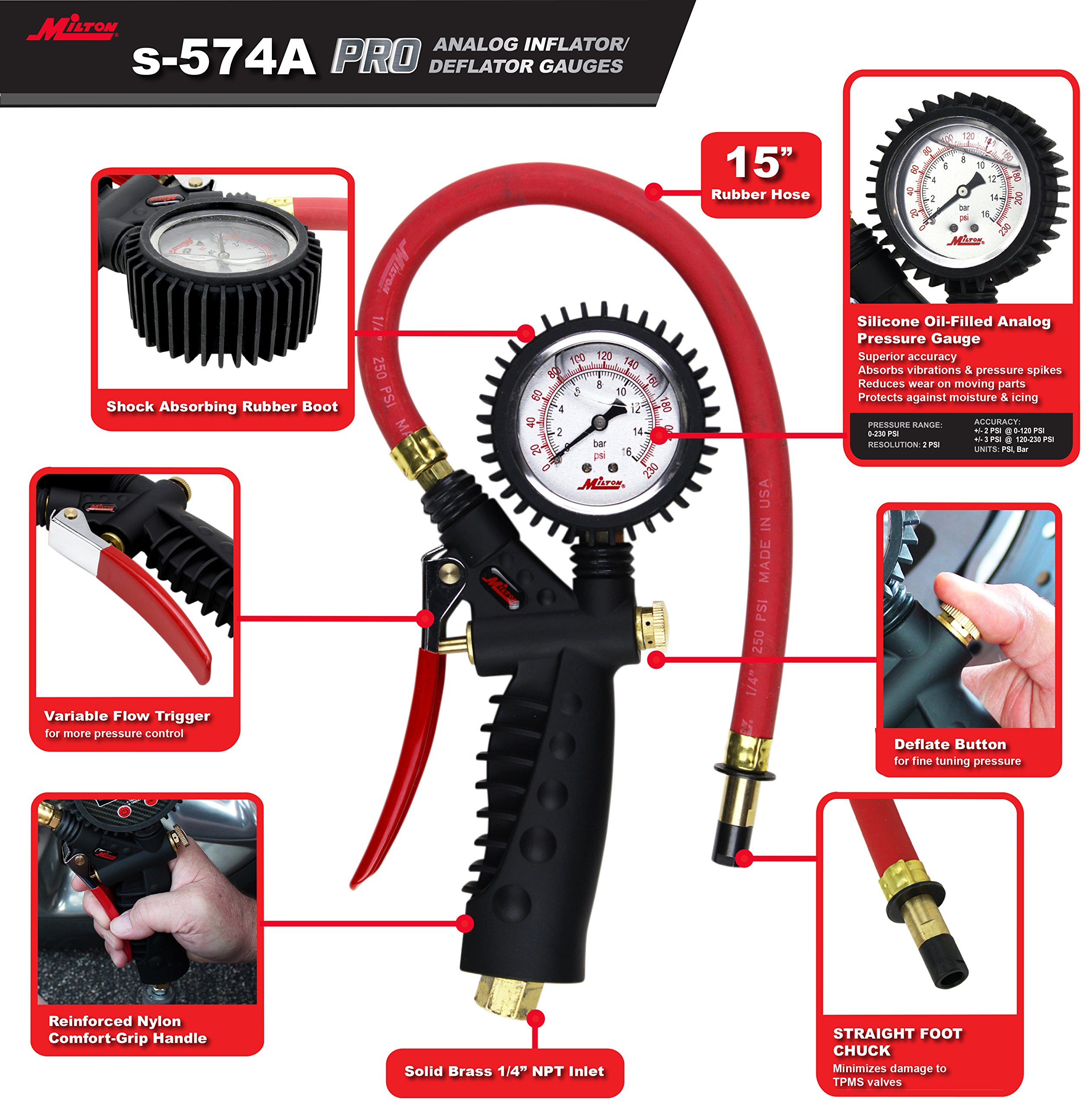 Milton S-574A Pro - Medidor de inflador de empuñadura de pistola analógica, portabrocas recto y manguera de 15 pulgadas, 160 PSI