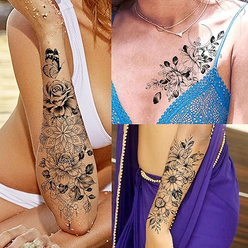 Miniatura 10 de EGMBGM 15 hojas de tatuajes temporales de loto negro sexy de henna Mehndi para mujer joyería falsa de encaje luna polilla flores tatuajes temporales
