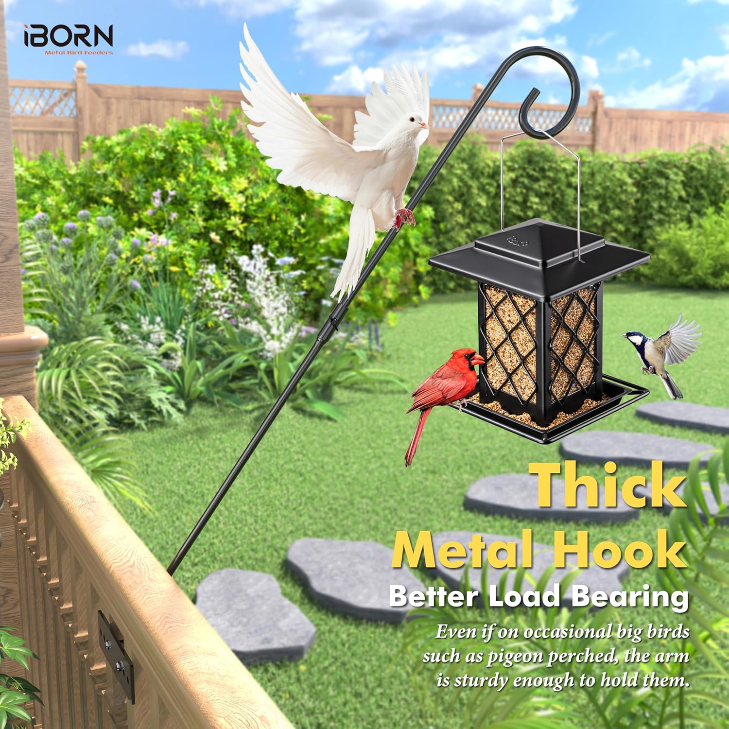 iBorn Fence Deck Hook Rail Heavy Duty Hummingbird Feeder Hanger 28 Inch Railing Hanging Hook for Bird Feeder, Suet Baskets, Planters, Wind Chimes, Solid Wire, 180 Degree Rotary, Pack of 2