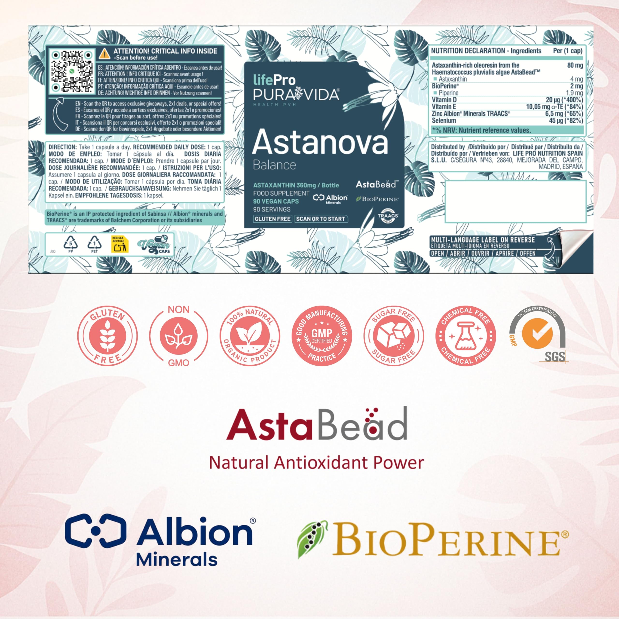 Life Pro Astanova Astaxanthine Pure 4mg avec Vitamine D3 E Zinc Sélénium, Antioxydant Puissant, 90 Gélules Véganes