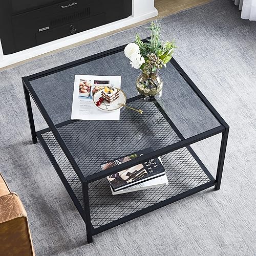 SAYGOER Coffee Table with Storage Modern Glass Coffee Tables Square Industrial Simple Center Table for Living Room Home Office Small Space 27.6 x 27.6 x 17.7 Inches Easy Assembly Gray Black