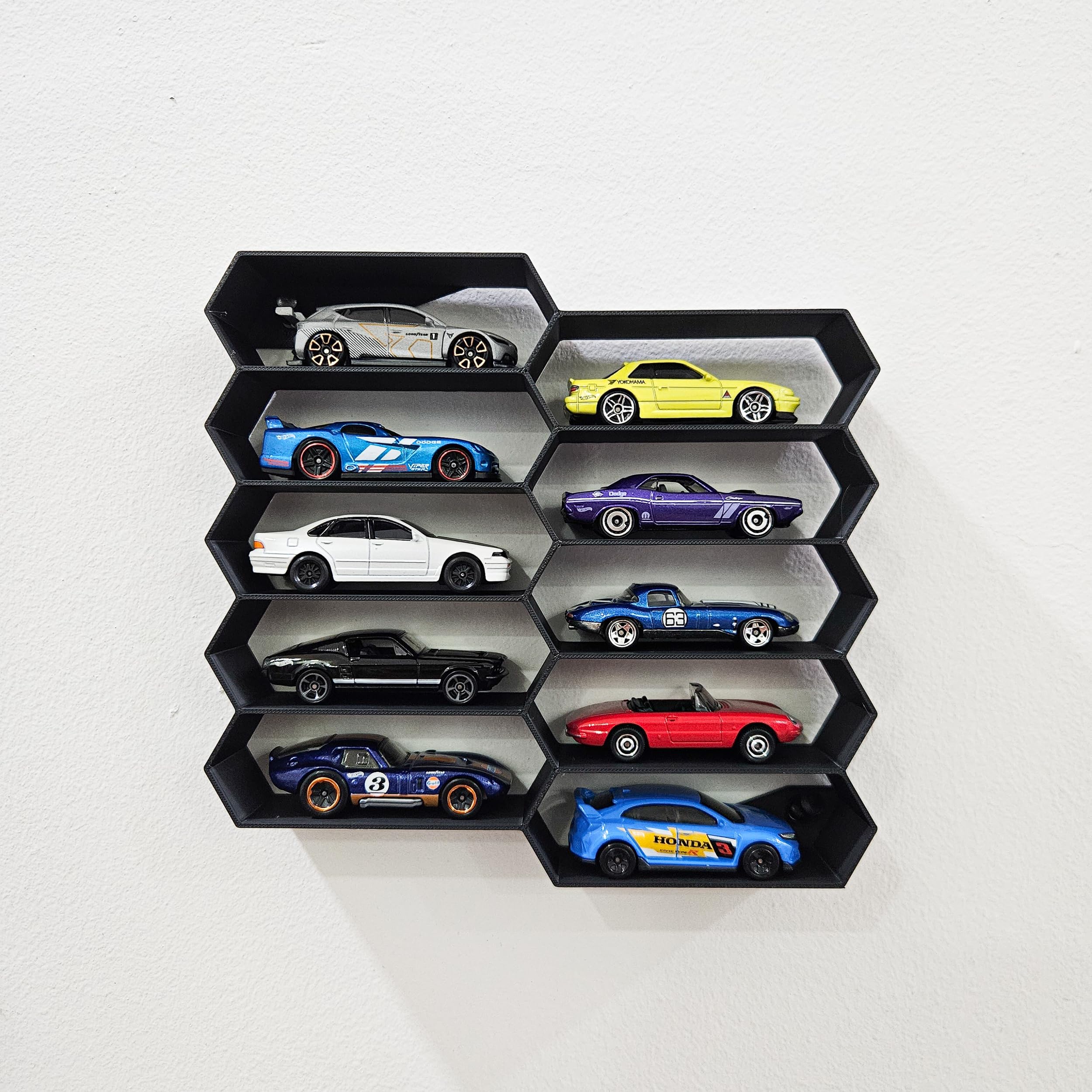10-Car Hexagon Wall Display Rack for Hot Wheels & 1:64 Diecast Cars | Stackable Honeycomb Shelf Organizer for Toy Car Collectors & Wall Decor