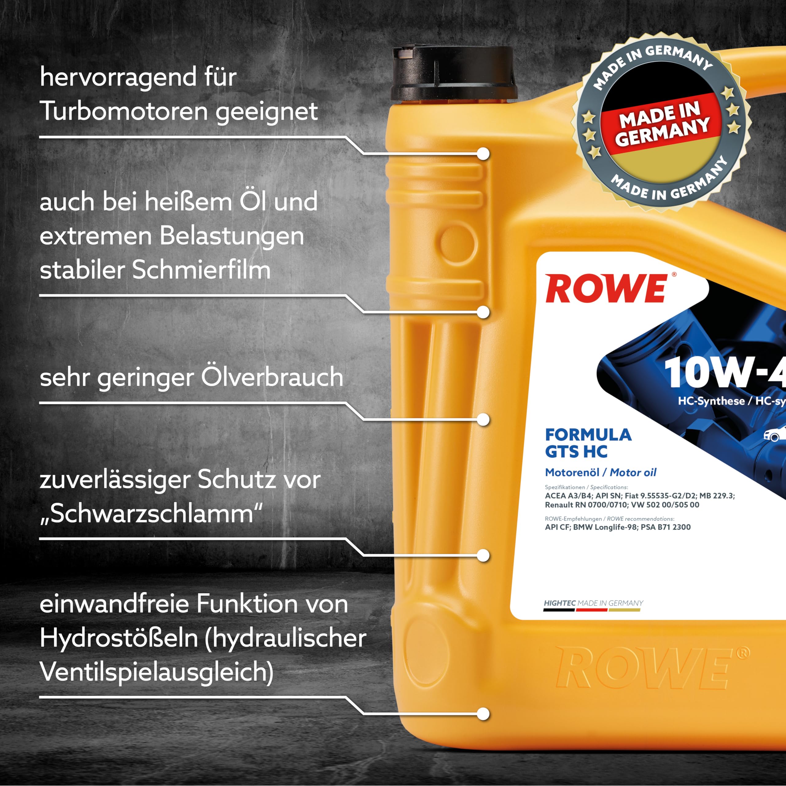ROWE Aceite de motor 10W-40 Formula GTS HC ACEA A3/B4 API CF API SN 5L Compatible con VW Polo V Hatchback 6R1, 6C1 up! Hatchback 121, 122, BL1, BL2, BL3, 123 Golf 7 Hatchback 5G1, BQ1, BE1, BE2 | Aceite de motor suave para motores de gasolina y diésel sin