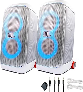 JBL PartyBox Stage 320 White - 240W Portable Wireless Splash Proof Speaker - 12 Hours of Playtime - Powerful Sound and deep bass + AUX Cable 2 Pack