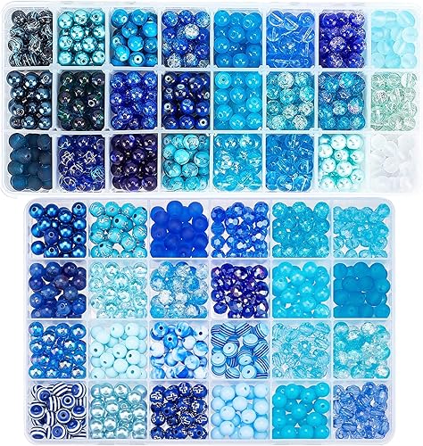 PH PandaHall 1248 cuentas azules de 0.315 pulgadas (0.315 in), 48 cuentas de cristal de mar azul, cuentas redondas sueltas para el verano, Hawaii,