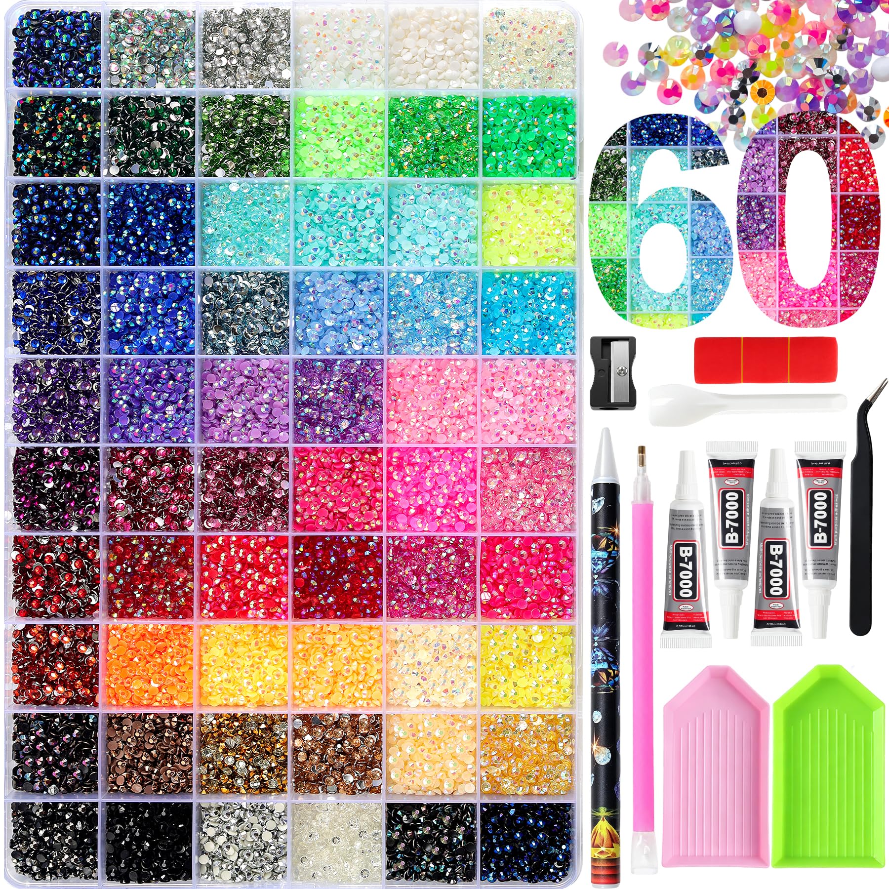 60000Pcs 60 Color Rhinestone for Bedazzling Kit with Tool