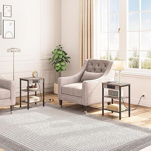 Miniatura 64 de HOOBRO Mesa auxiliar con estación de carga y puertos USB, mesita de noche de 3 niveles con estantes ajustables, mesa auxiliar pequeña para espacio