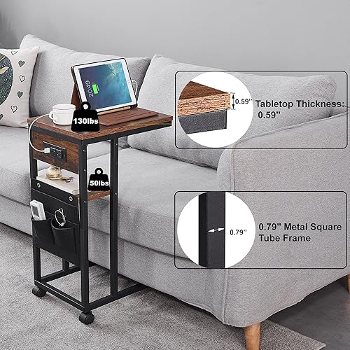 Miniatura 5 de Mesa auxiliar, mesa auxiliar con estación de carga y puertos USB, mesa auxiliar en forma de C para sofá y cama, pequeña mesa de aperitivos con bolsa