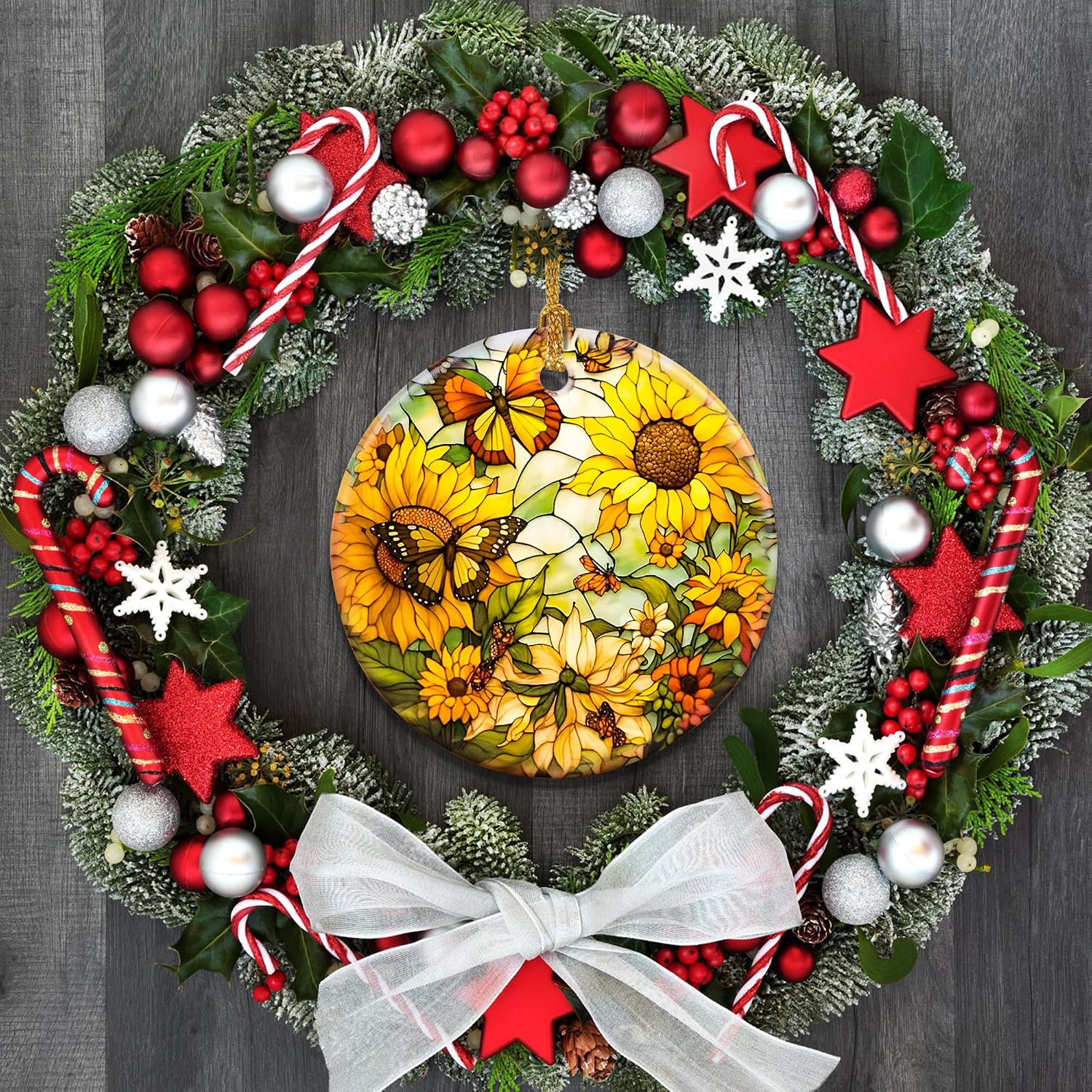 Stained Ceramic Butterfly with Sunflower Christmas Hanging Ornament for Tree Decorations Ideas