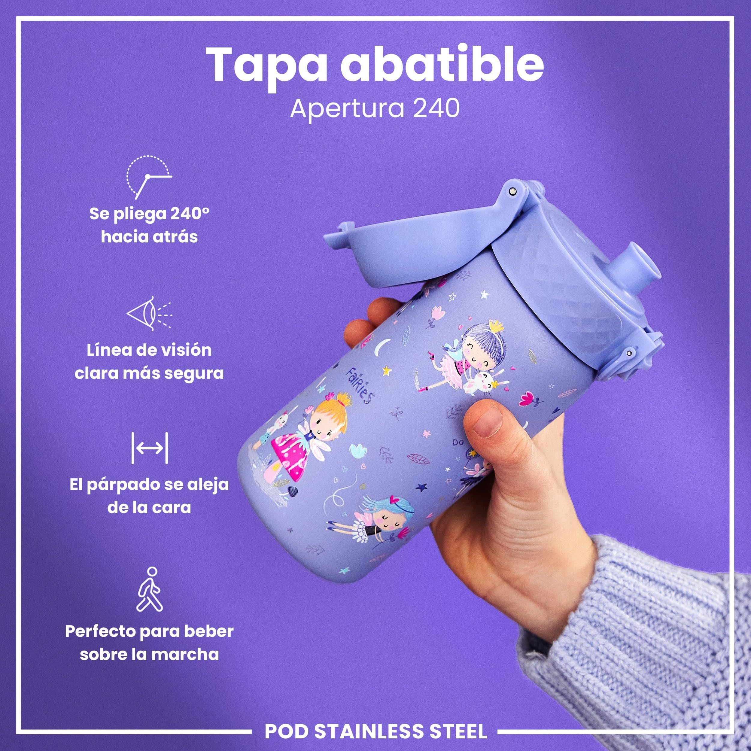 ion8 Botella Agua Inox Ligero para Niños, 400ml, Sin Aislamiento, a Prueba de Fugas, Fácil de Abrir, Cerradura Segura, Apta para Lavavajillas, Tapa Abatible, Fácil de Limpiar, Hadas