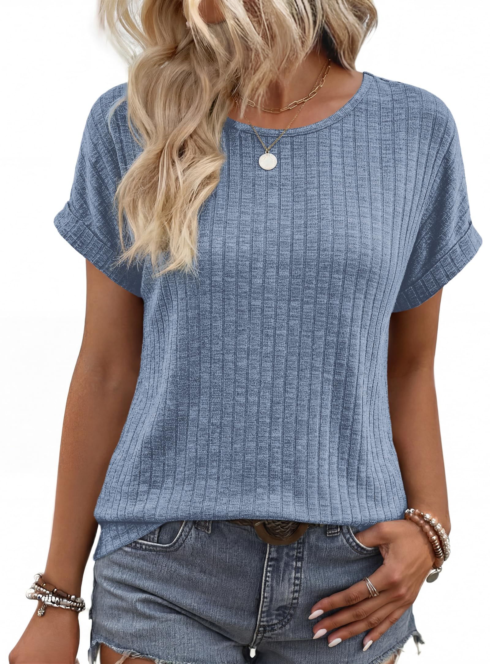 WIHOLL Women Textured Shirts Casual Cap Sleeve Tops Loose Fit 2026 Summer Spring Fashion Outfits Plain/Print - 5