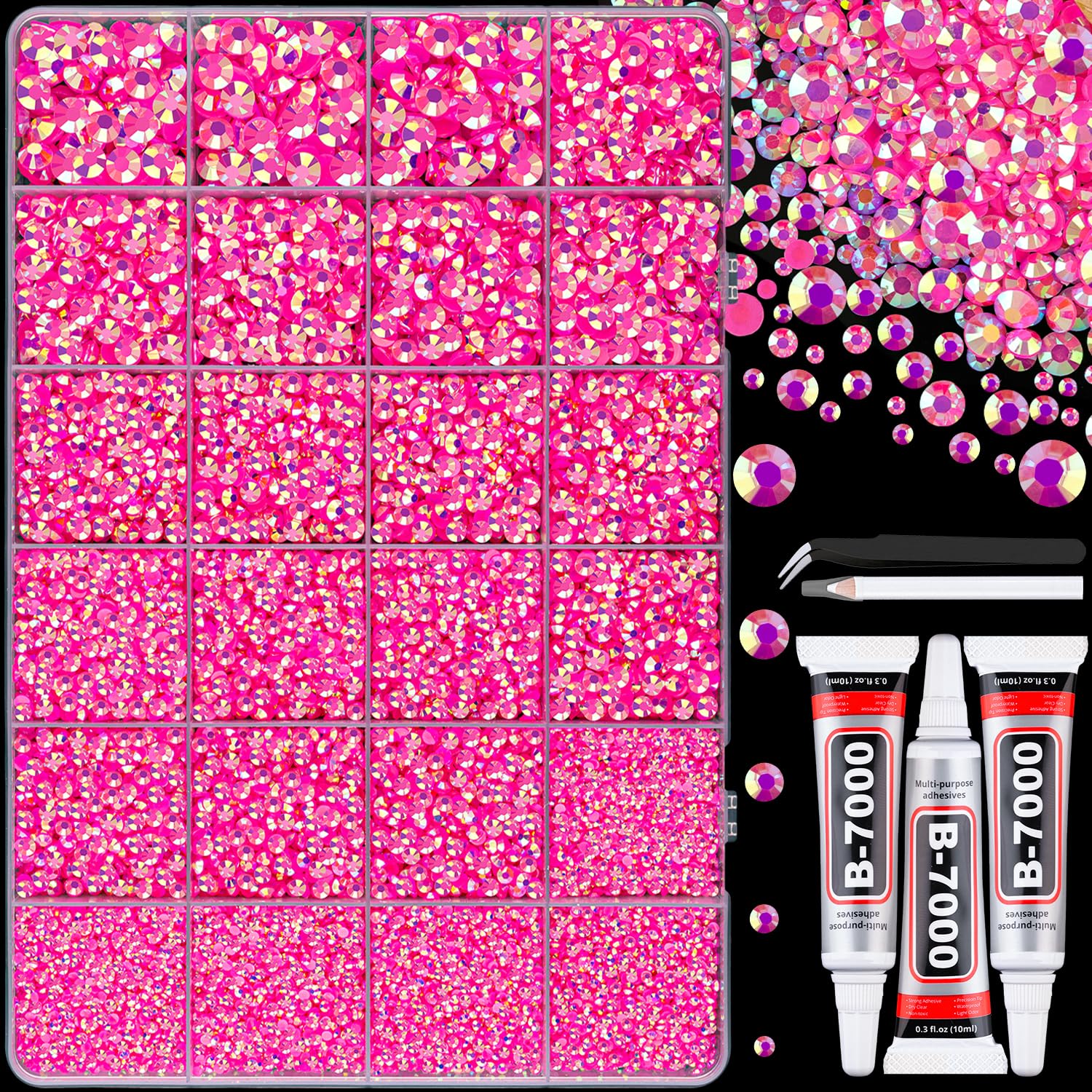 25000Pcs Resin Jelly Rhinestones with Tweezers for Crafting, Hot Pink AB Flatback Gems, Bedazzling Crystal with 3Pcs 10ml B7000 Jewelry Glue for DIY