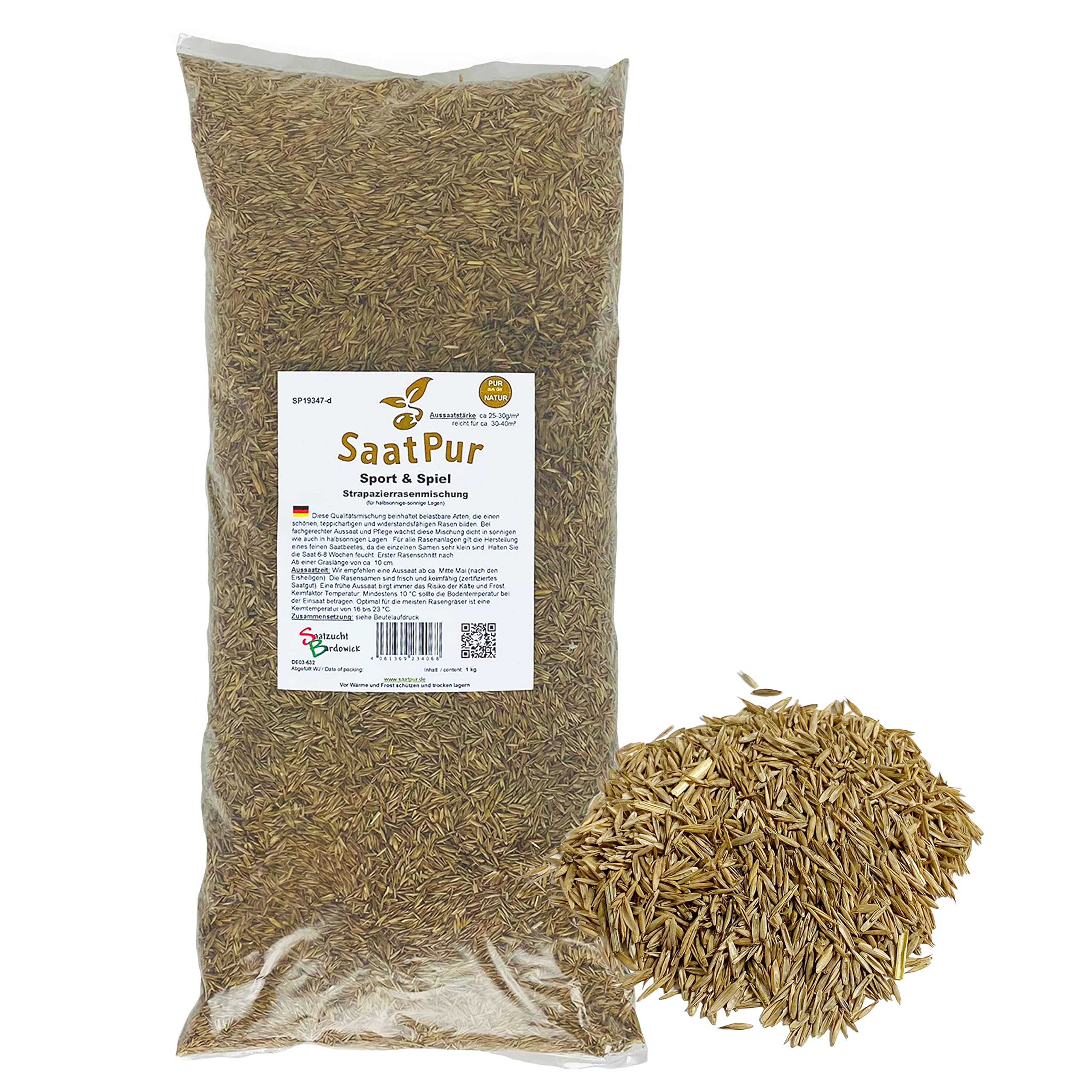 SaatPur® Lawn Seeds Sport and Play Turf 1 kg for approx. 40 m², Perennial Lawn Mix of Several Lawn Types, Mostly 4 to 5, Rich Green, Fast Germinating, Very Durable, New Seeding and Reseeding