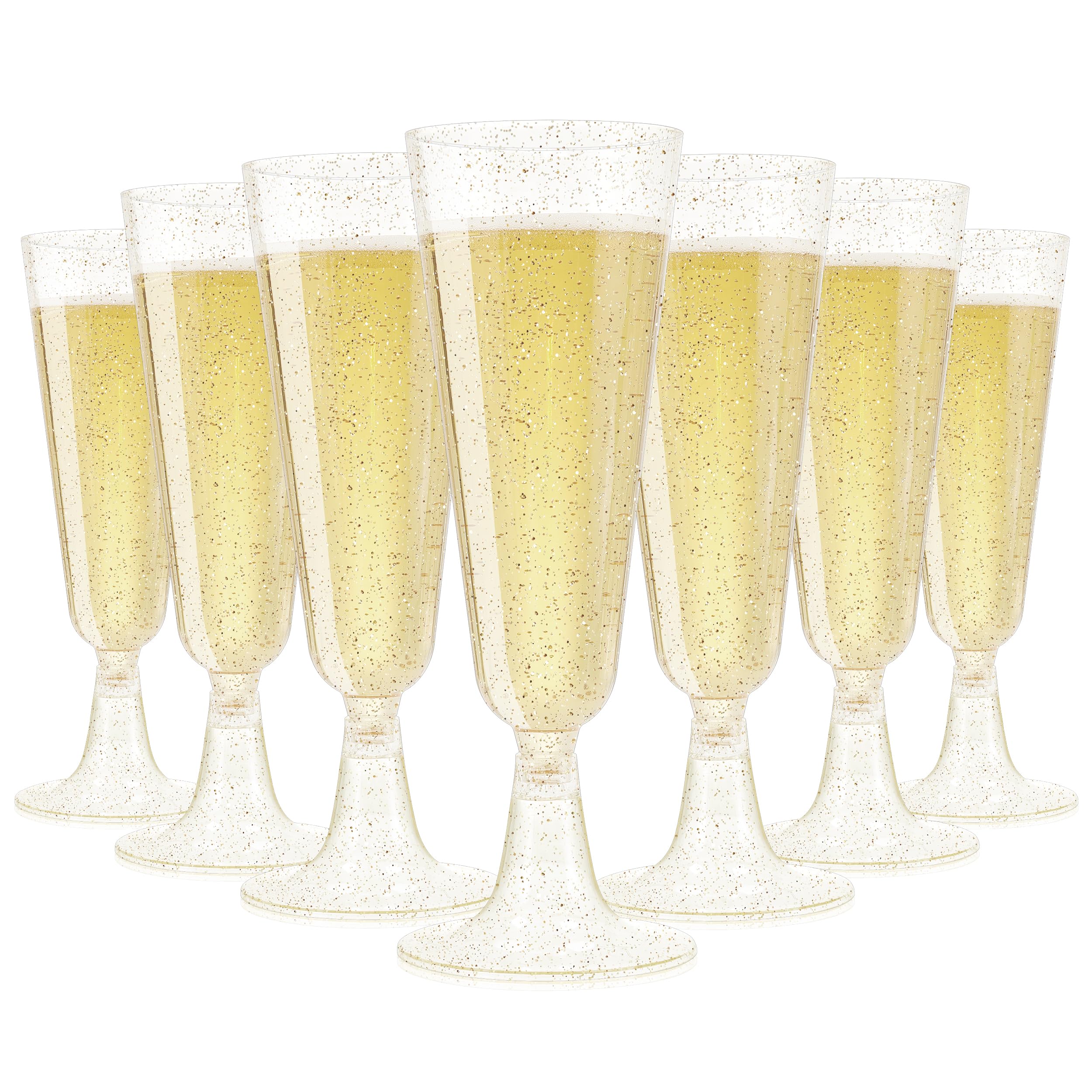 SUREHOME Copas de champán de plástico, paquete de 40 copas de champán con purpurina dorada, vasos desechables de mimosa de 5.5 onzas, vasos de acrílico transparente brillante para brindis de boda, a